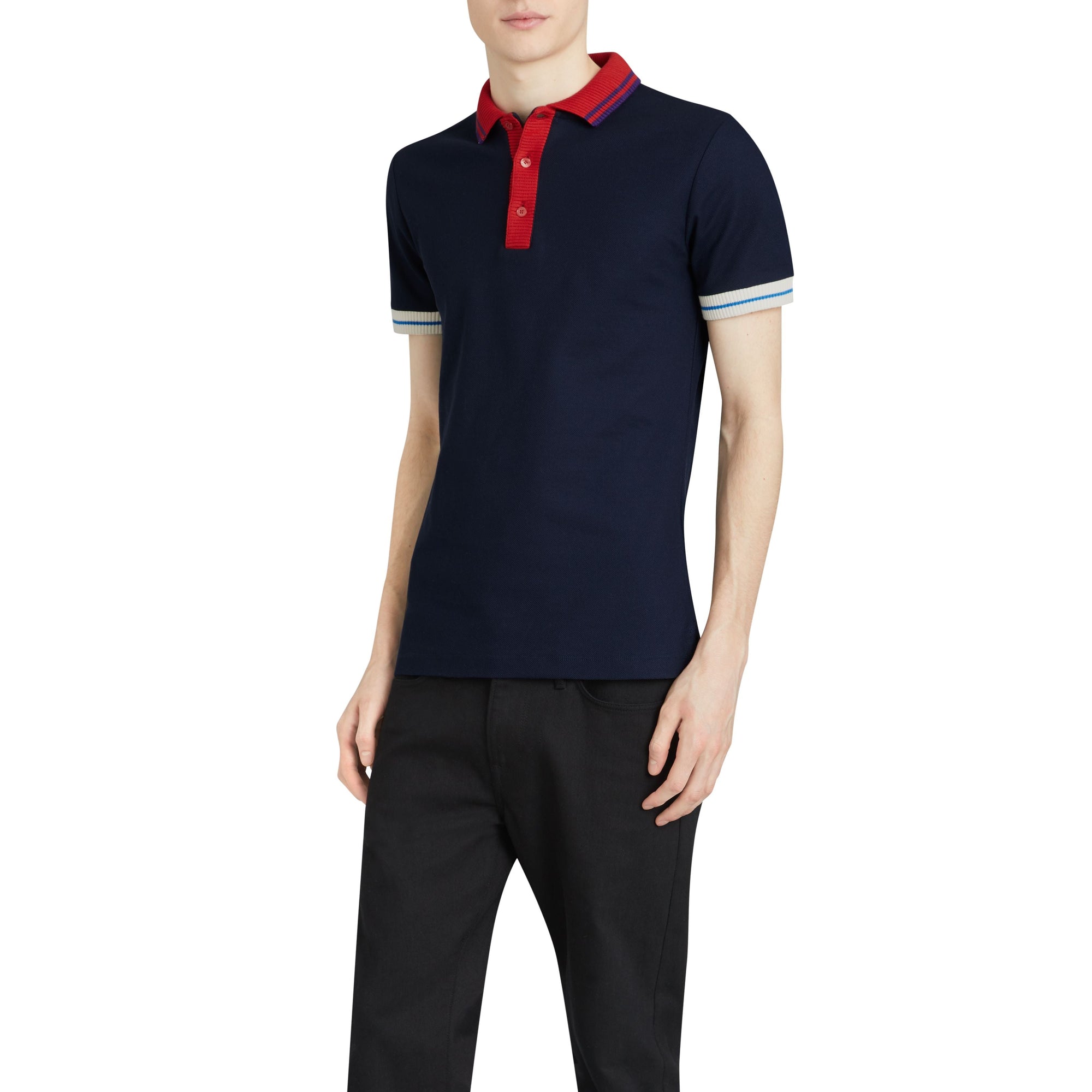 Polo en coton à détails rayés et côtelés bicolores - Navy