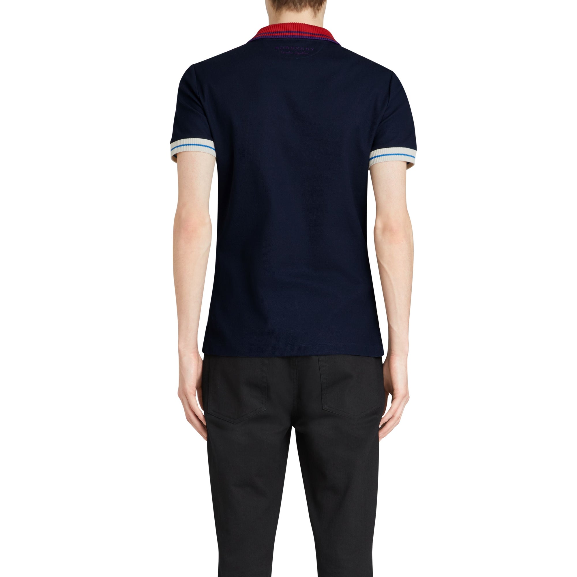 Polo en coton à détails rayés et côtelés bicolores - Navy