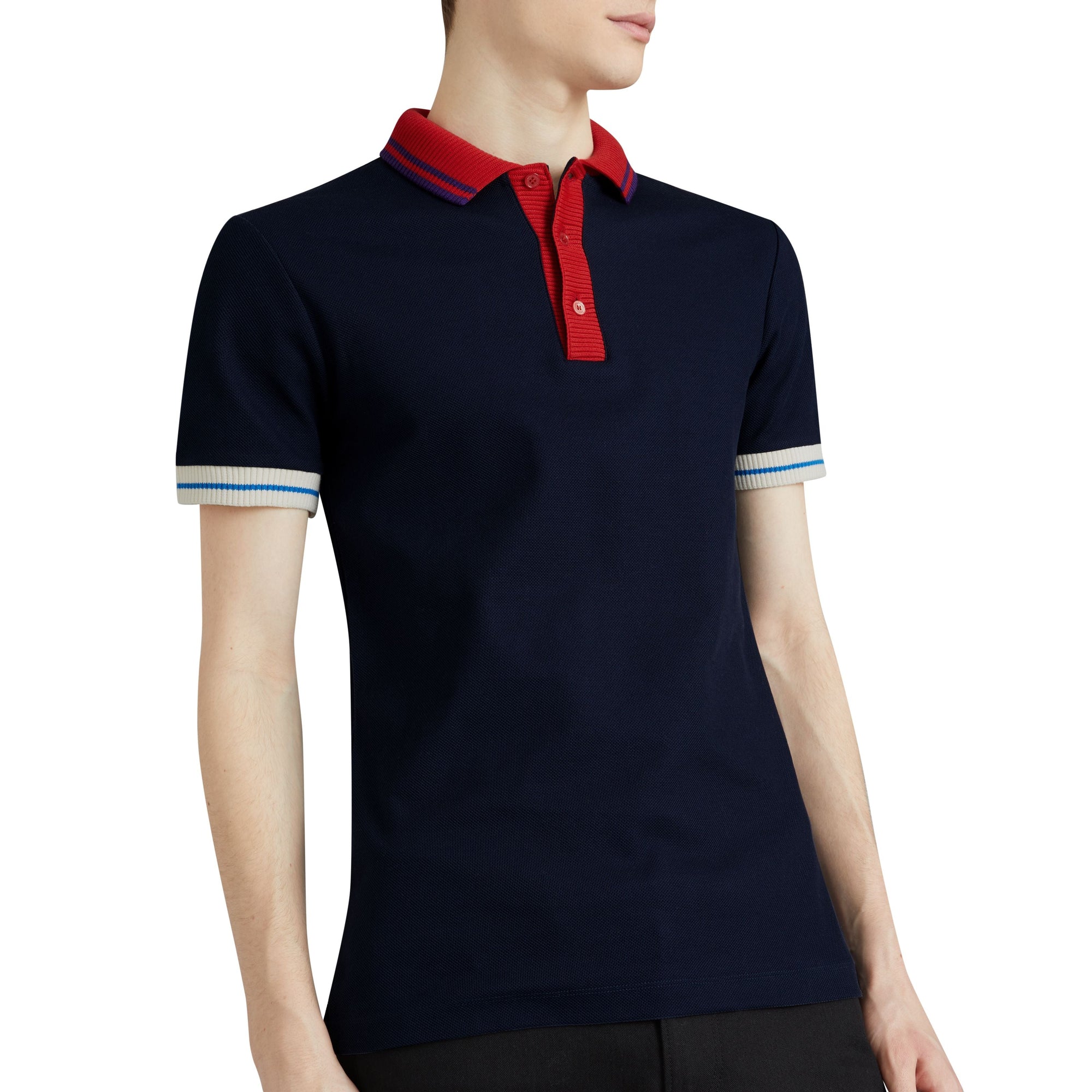 Polo en coton à détails rayés et côtelés bicolores - Navy