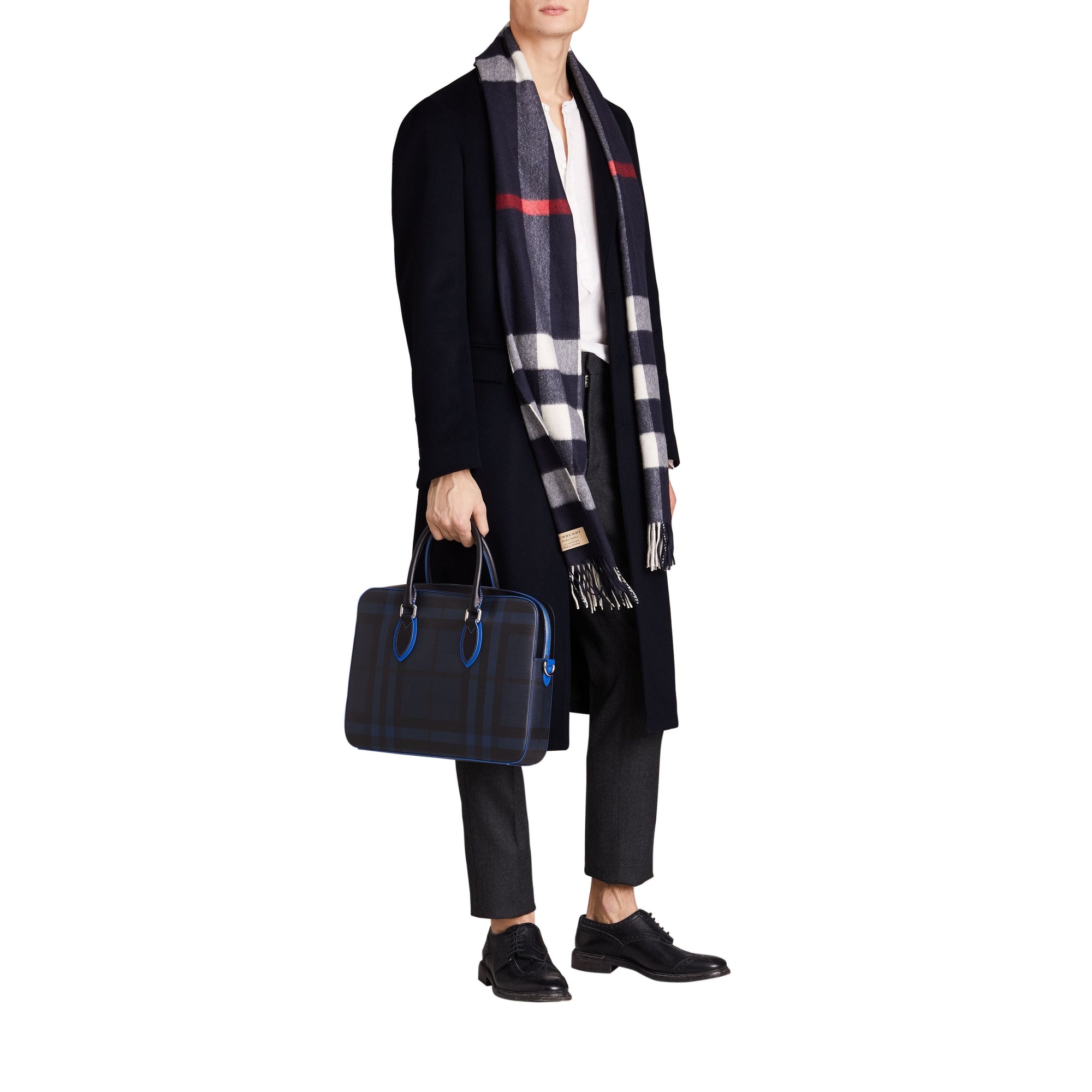 Attaché-case moyen à motif London check avec détails en cuir - Navy & Blue