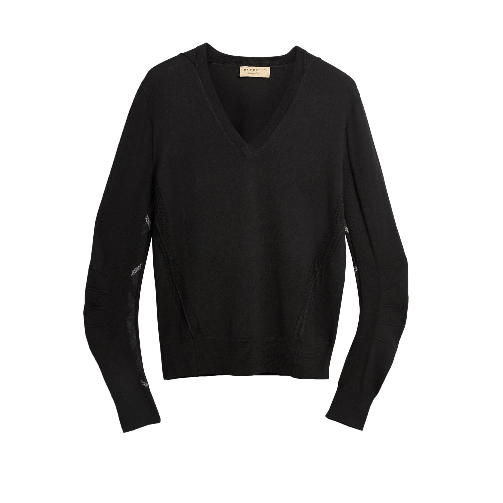 Pull en V en laine mérinos avec détails check - Black