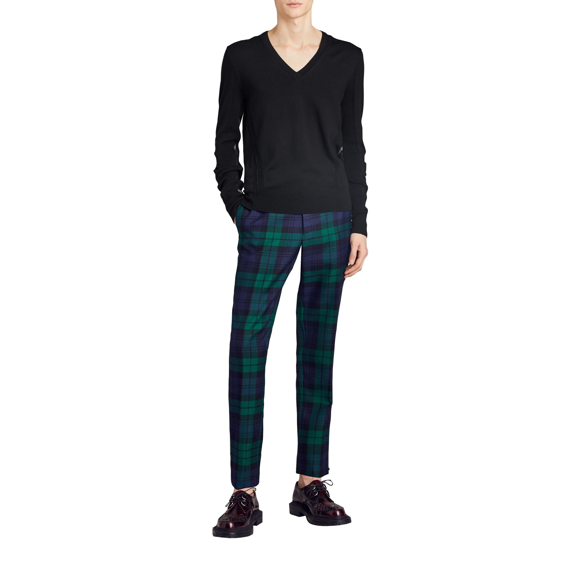 Pull en V en laine mérinos avec détails check - Black