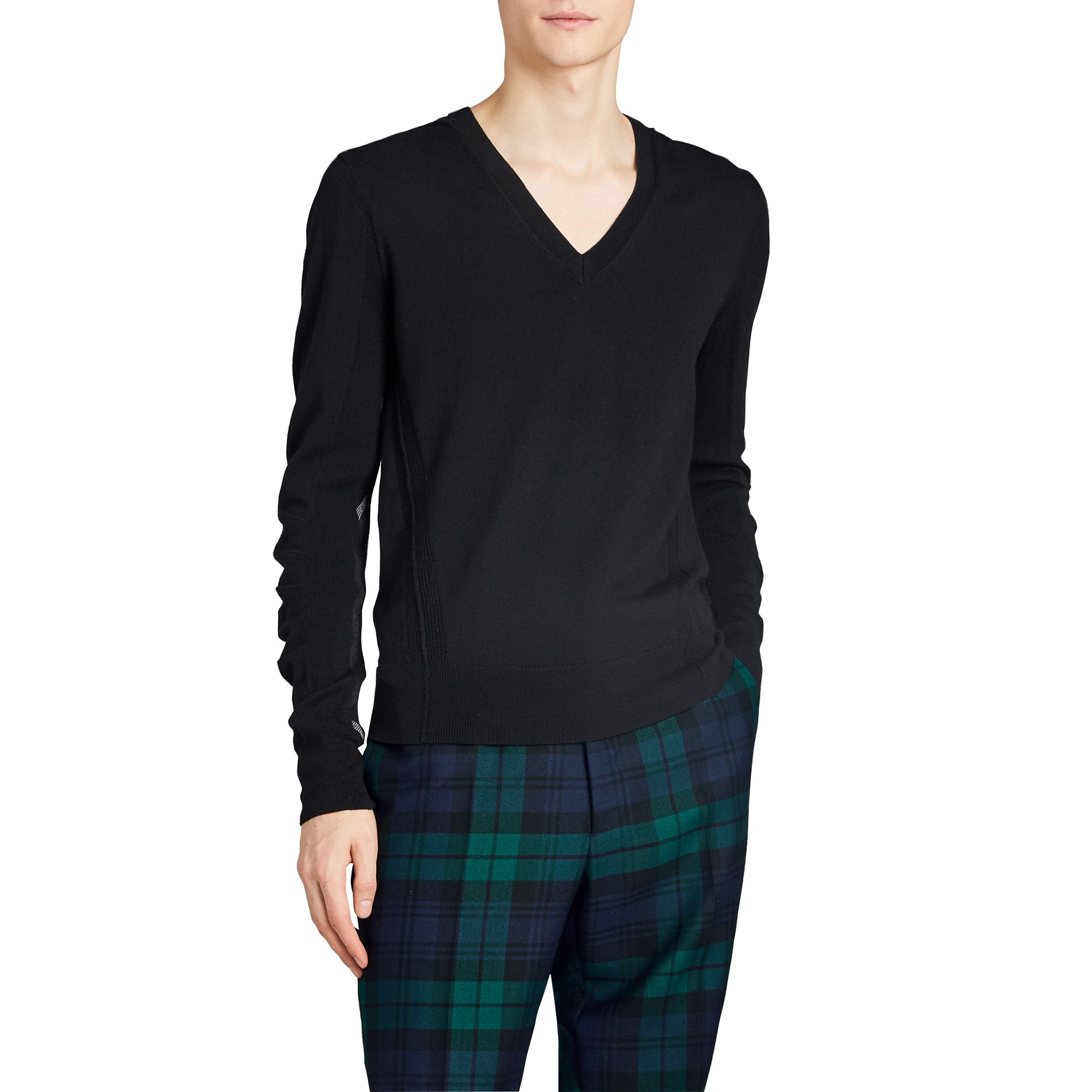 Pull en V en laine mérinos avec détails check - Black