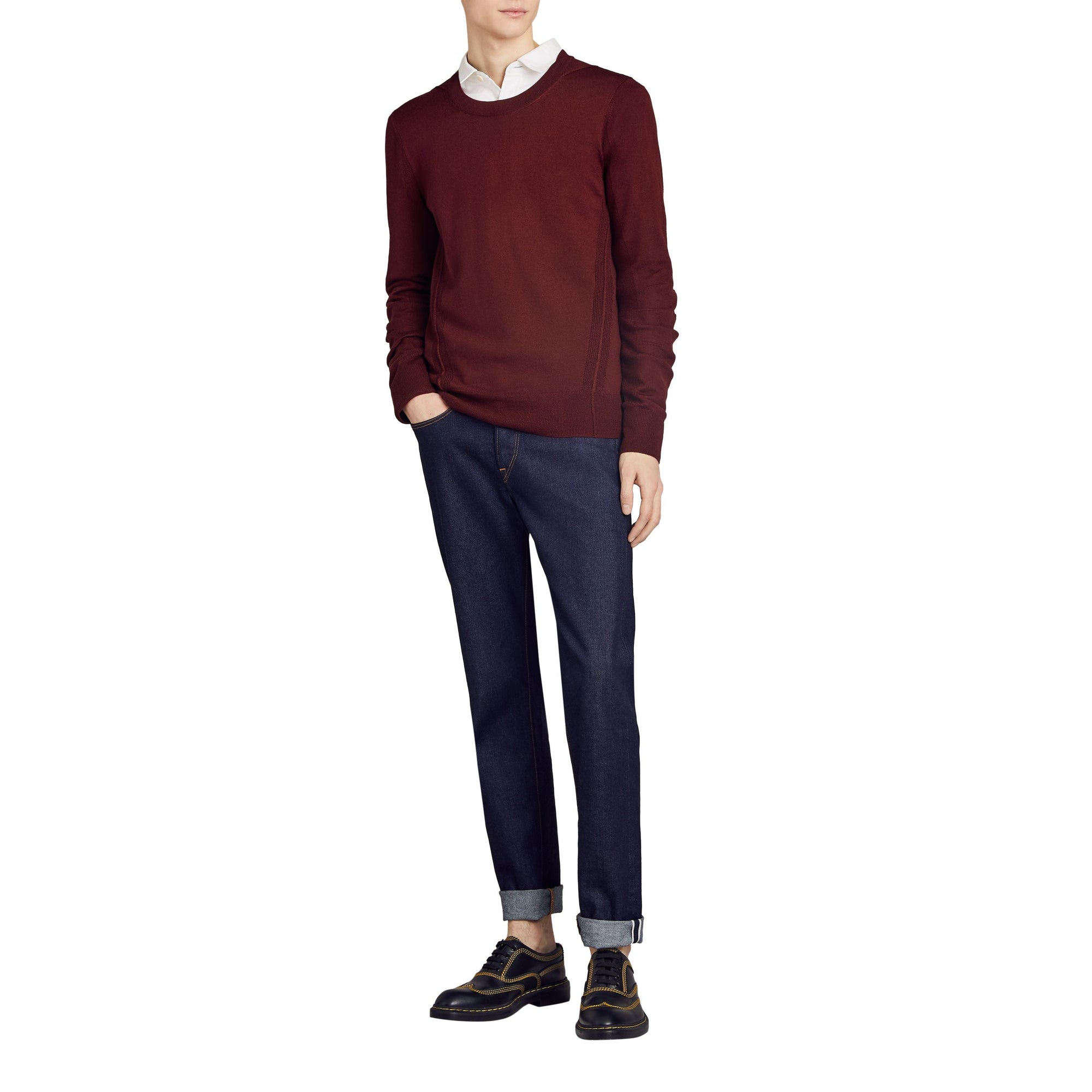 Pull en laine mérinos à détails check - Burgundy