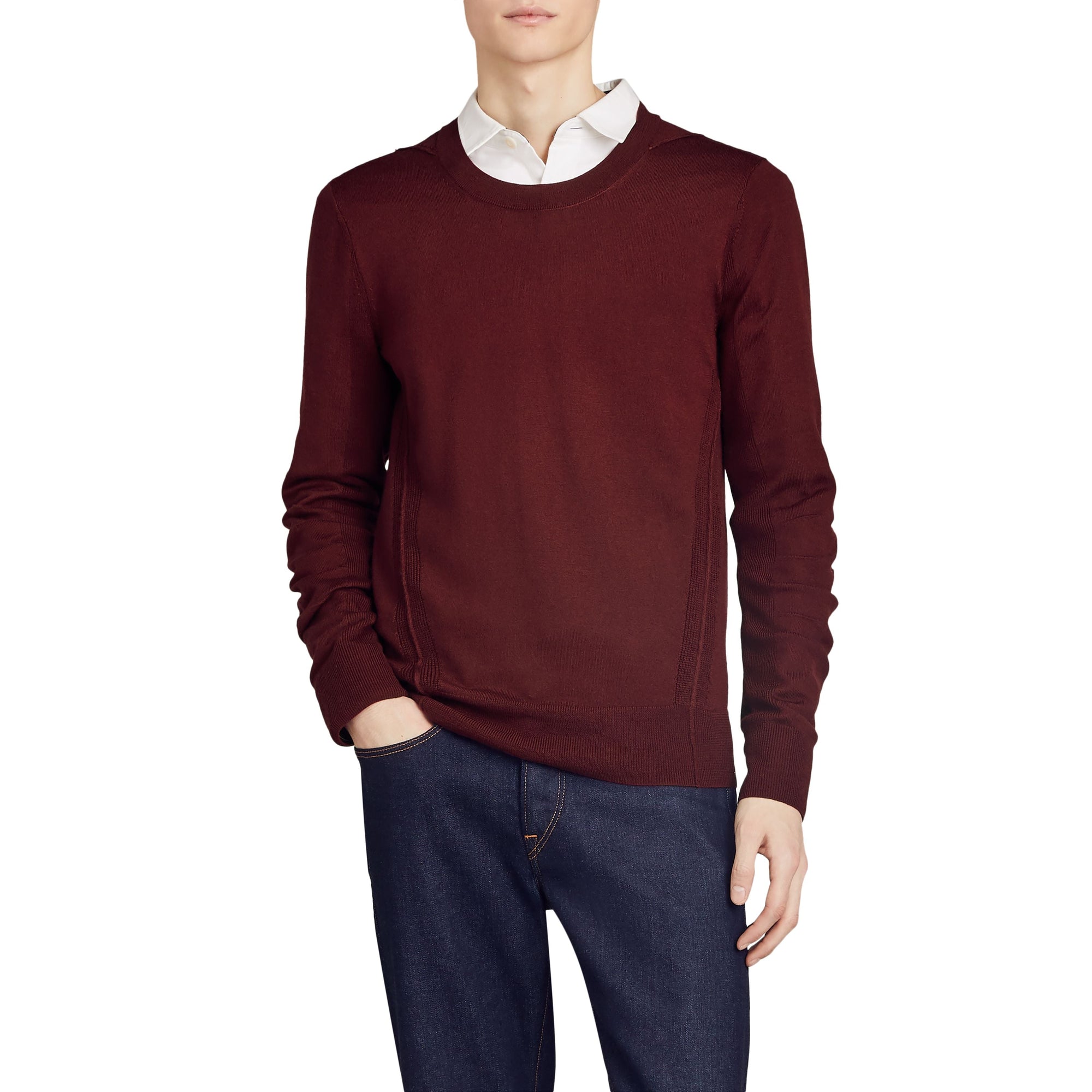 Pull en laine mérinos à détails check - Burgundy