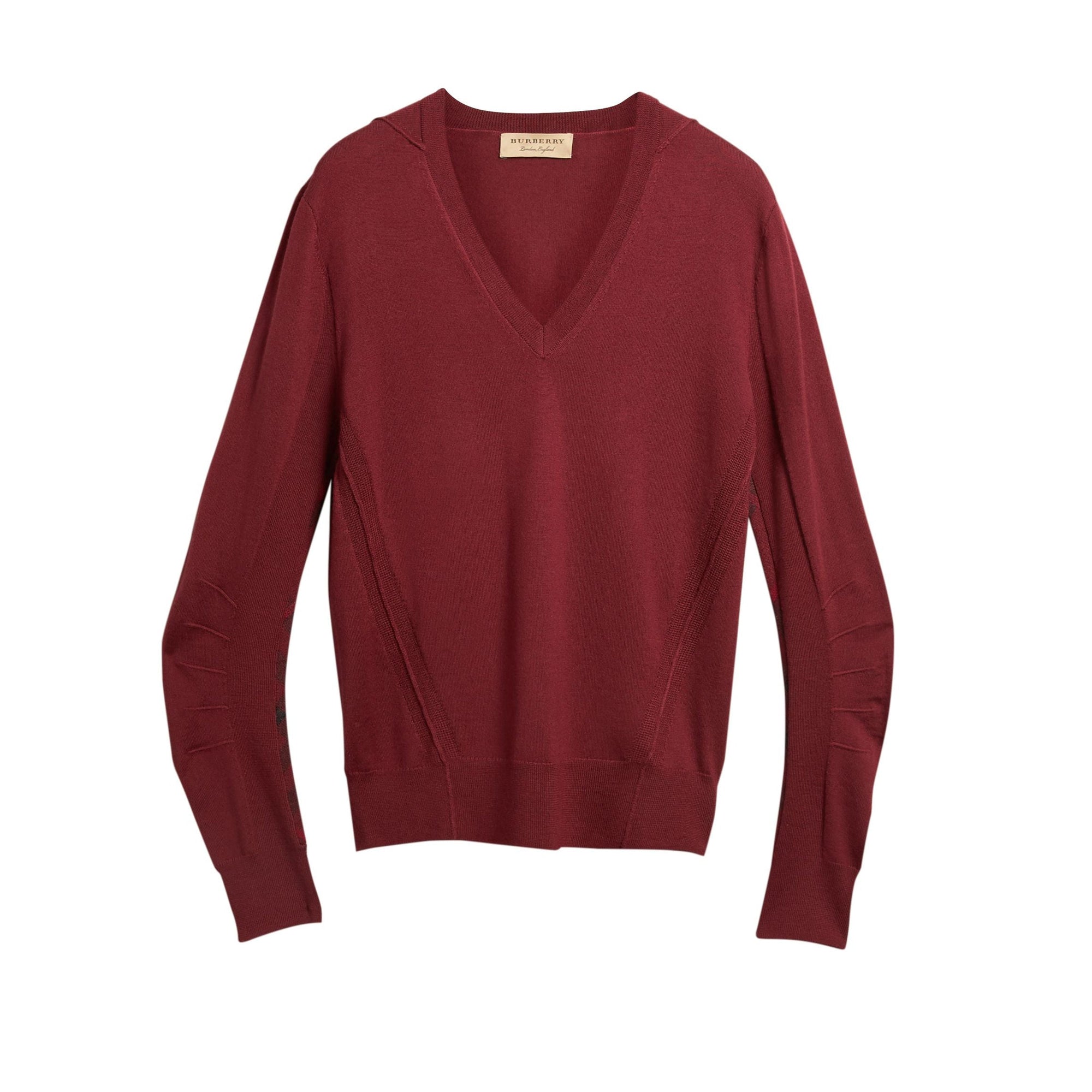 Pull en V en laine mérinos avec détails check - Burgundy