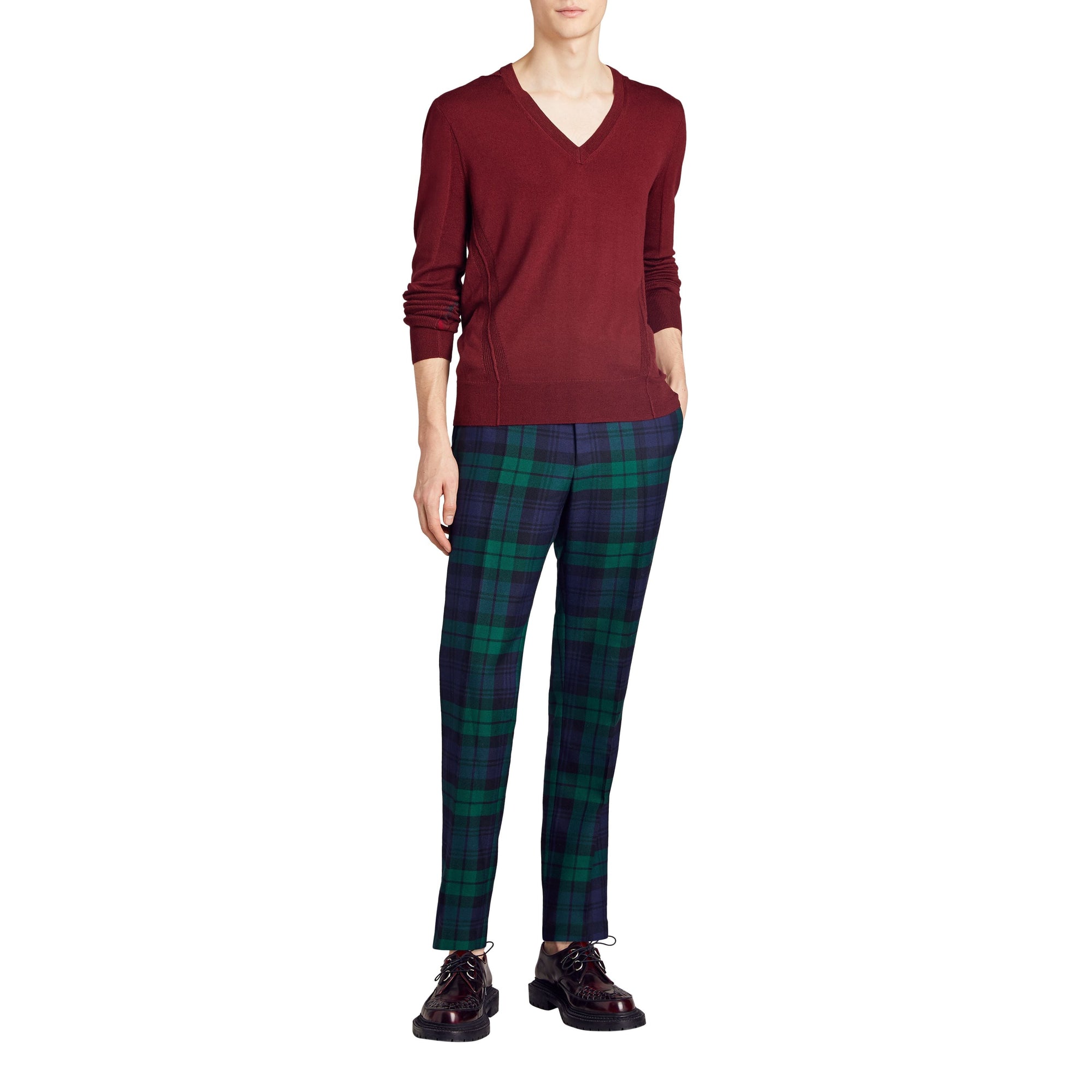 Pull en V en laine mérinos avec détails check - Burgundy