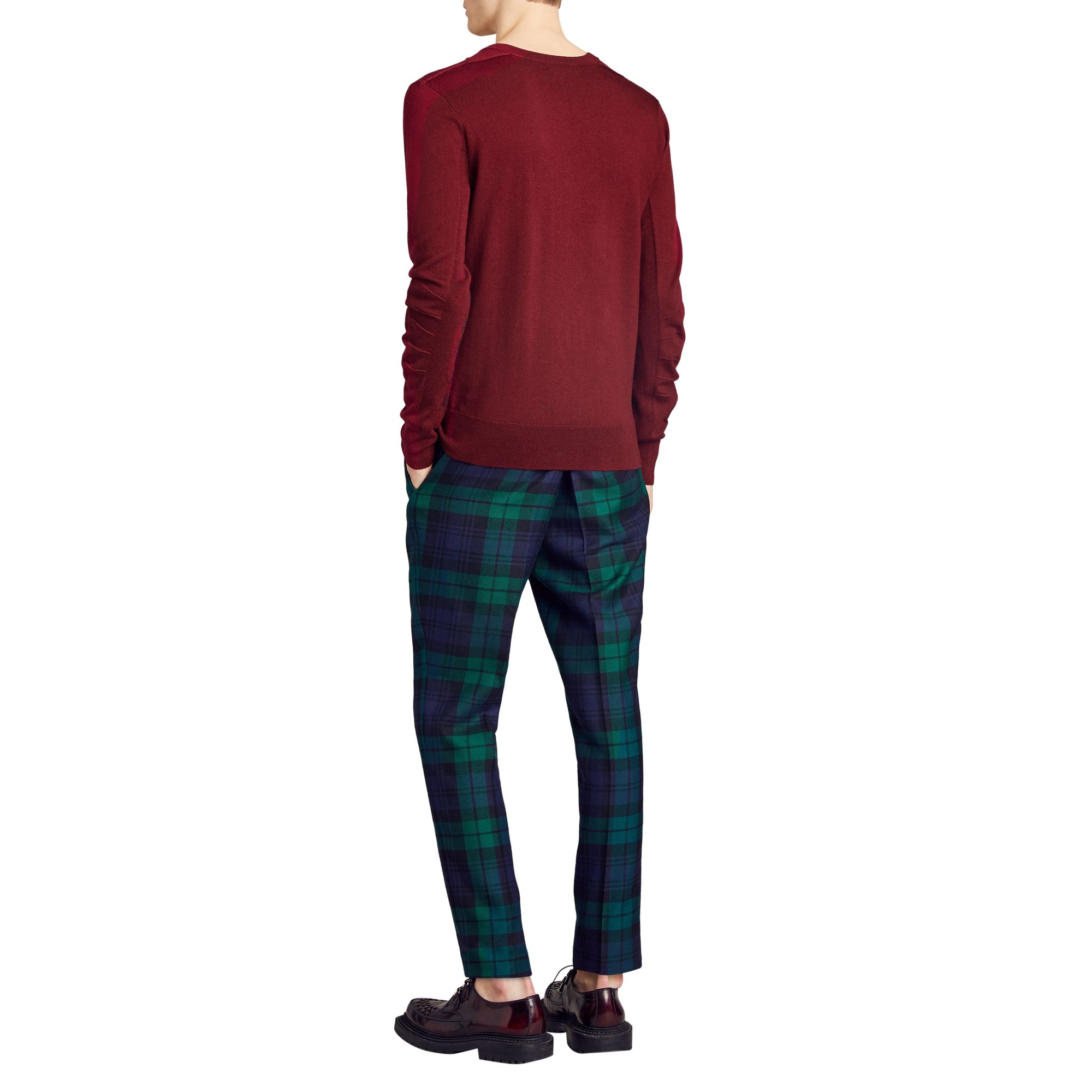 Pull en V en laine mérinos avec détails check - Burgundy