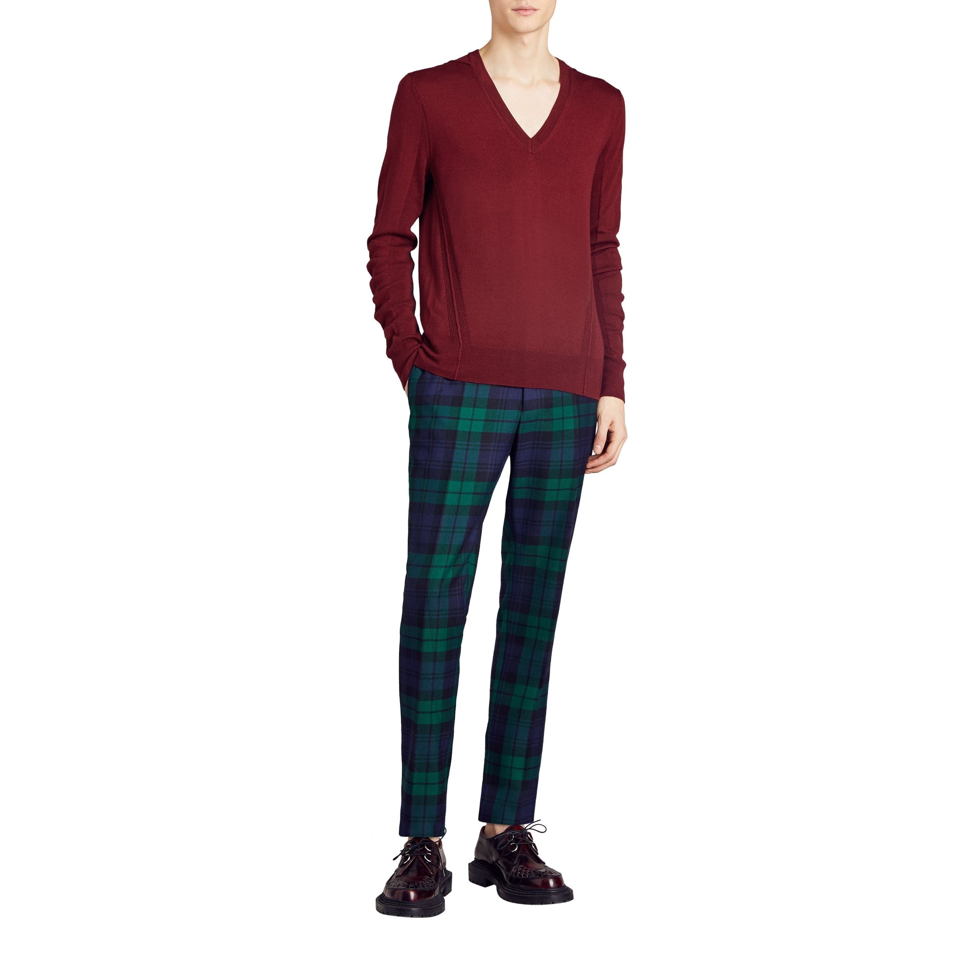 Pull en V en laine mérinos avec détails check - Burgundy