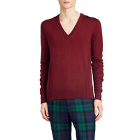 Pull en V en laine mérinos avec détails check - Burgundy