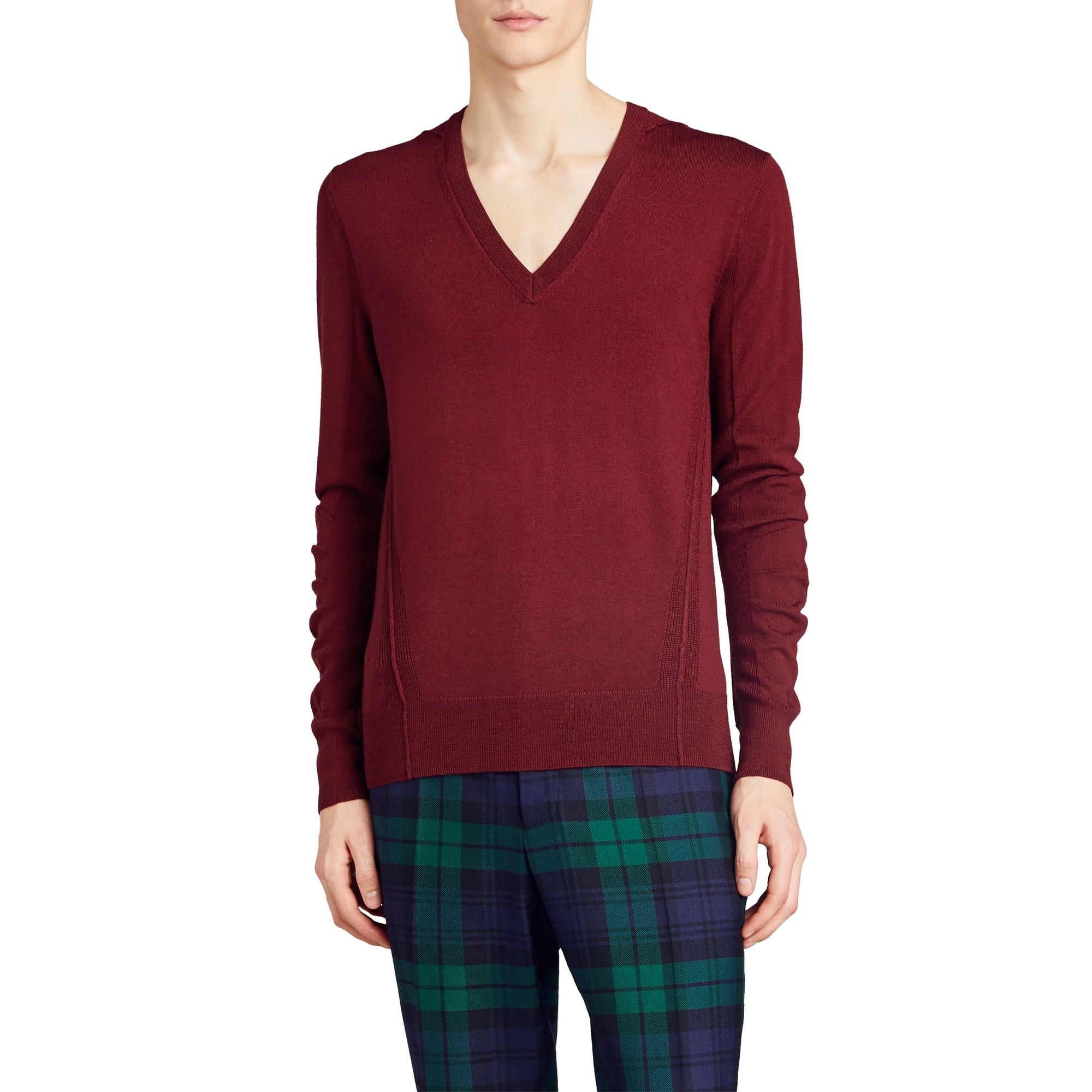 Pull en V en laine mérinos avec détails check - Burgundy