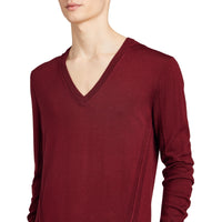 Pull en V en laine mérinos avec détails check - Burgundy