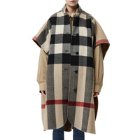 Poncho réversible en laine mélangée et à motif check - Camel
