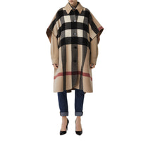 Poncho réversible en laine mélangée et à motif check - Camel