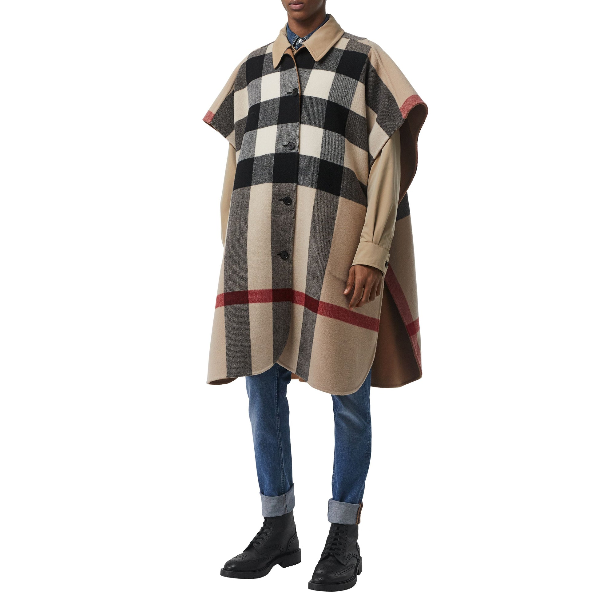 Poncho réversible en laine mélangée et à motif check - Camel
