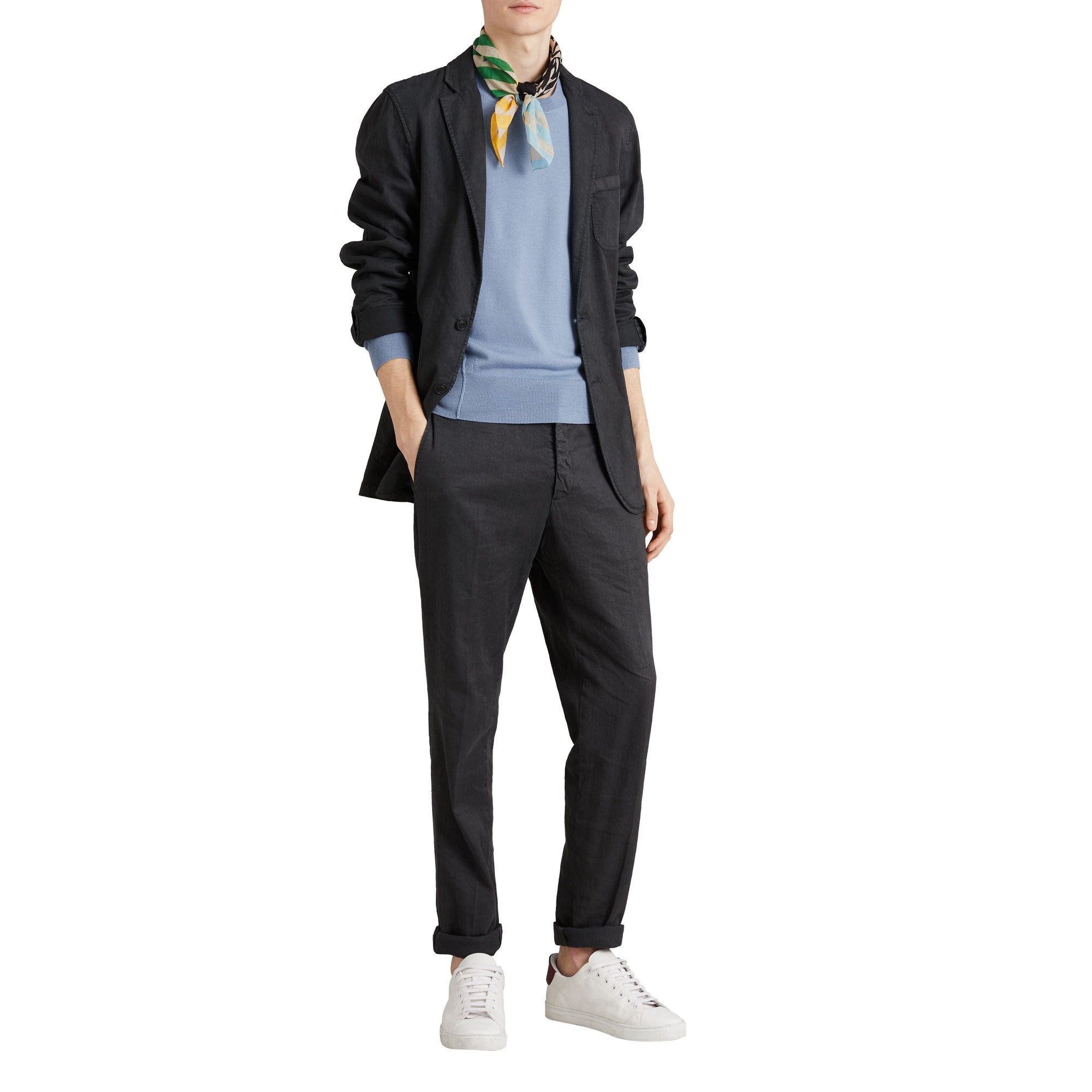 Pull en laine mérinos à détails check - Stone Blue