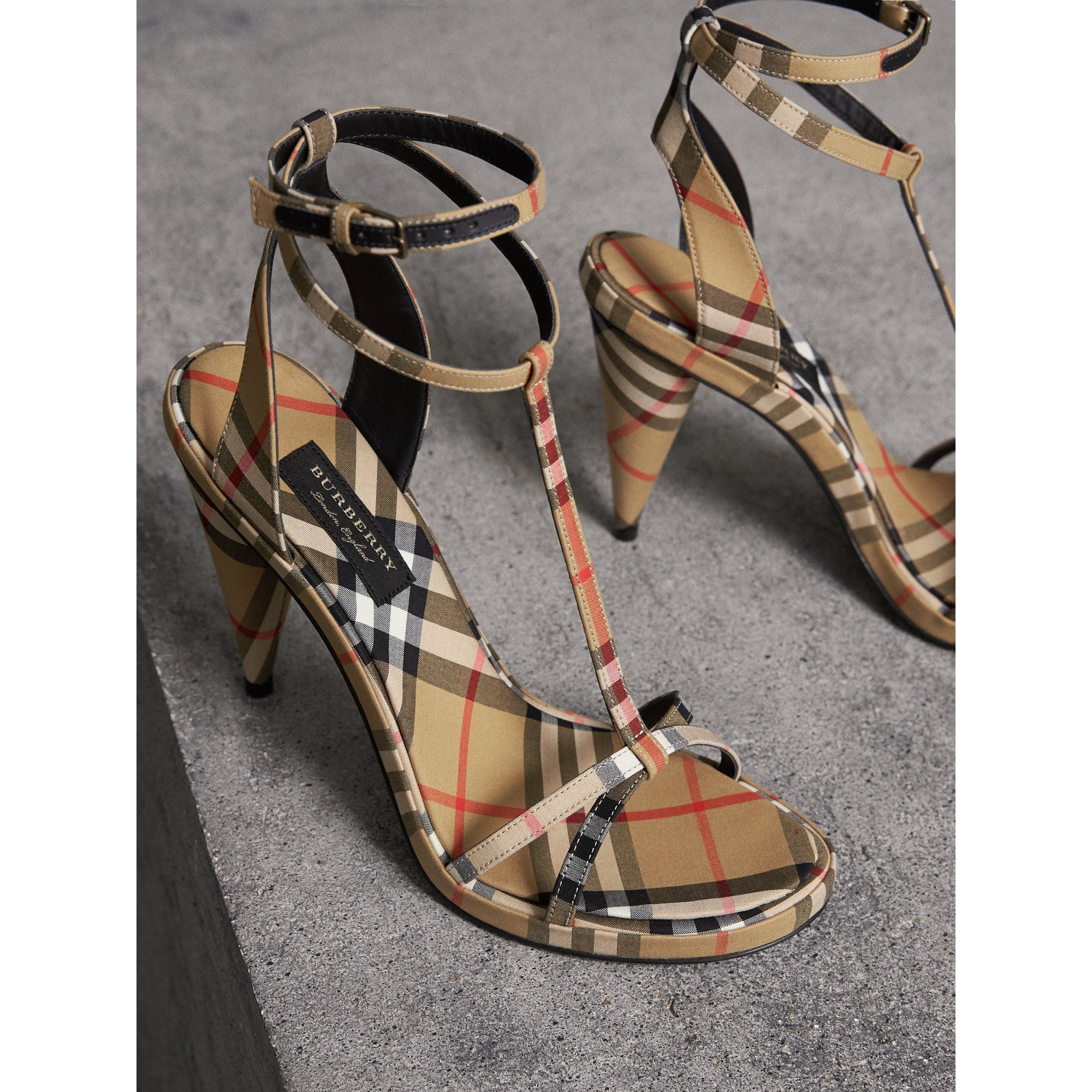 Sandales à talons hauts en coton à motif Vintage check - Antique Yellow
