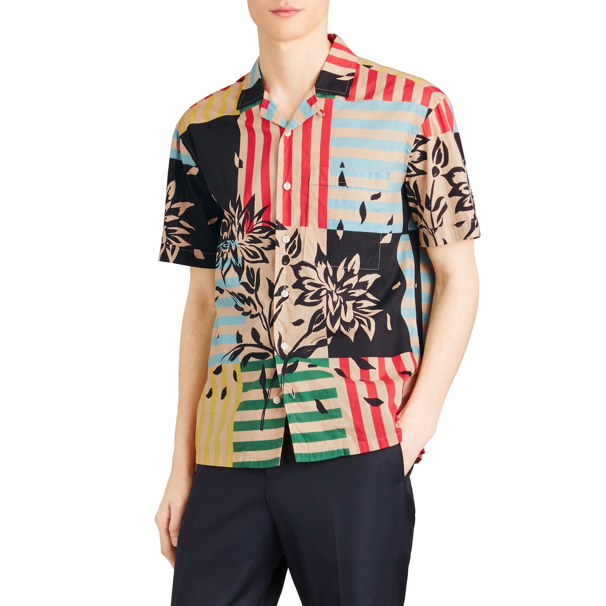Chemise à manches courtes en coton à imprimé floral rayé - Steel Blue