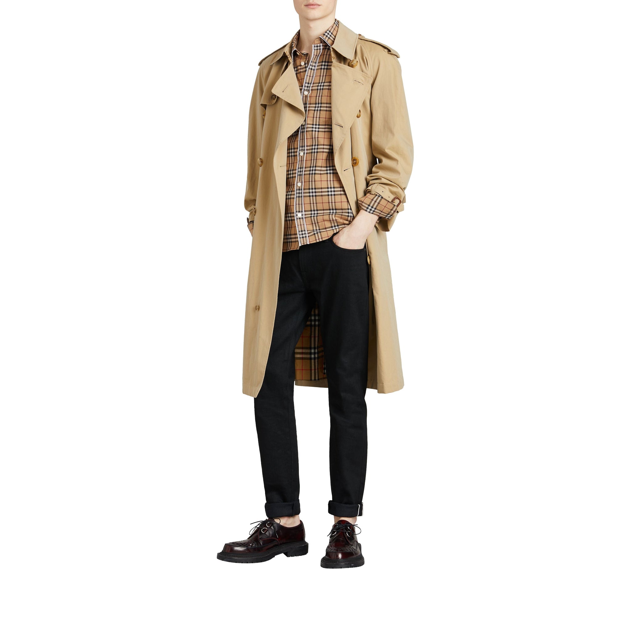 Chemise en coton à motif check brodé - Camel