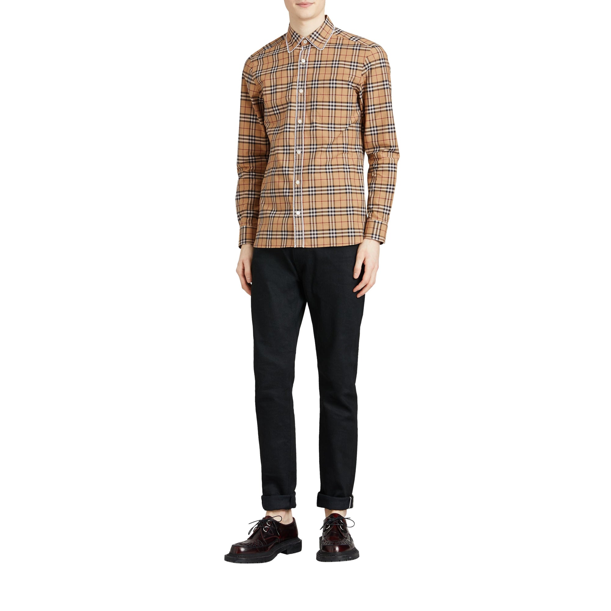 Chemise en coton à motif check brodé - Camel