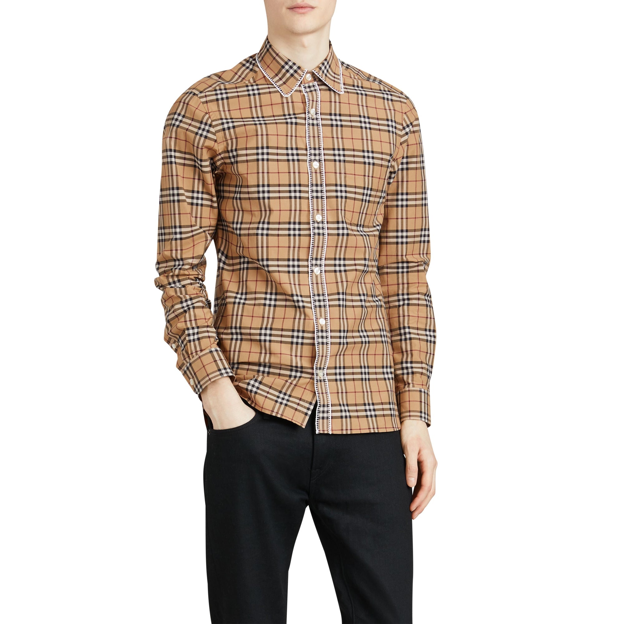 Chemise en coton à motif check brodé - Camel