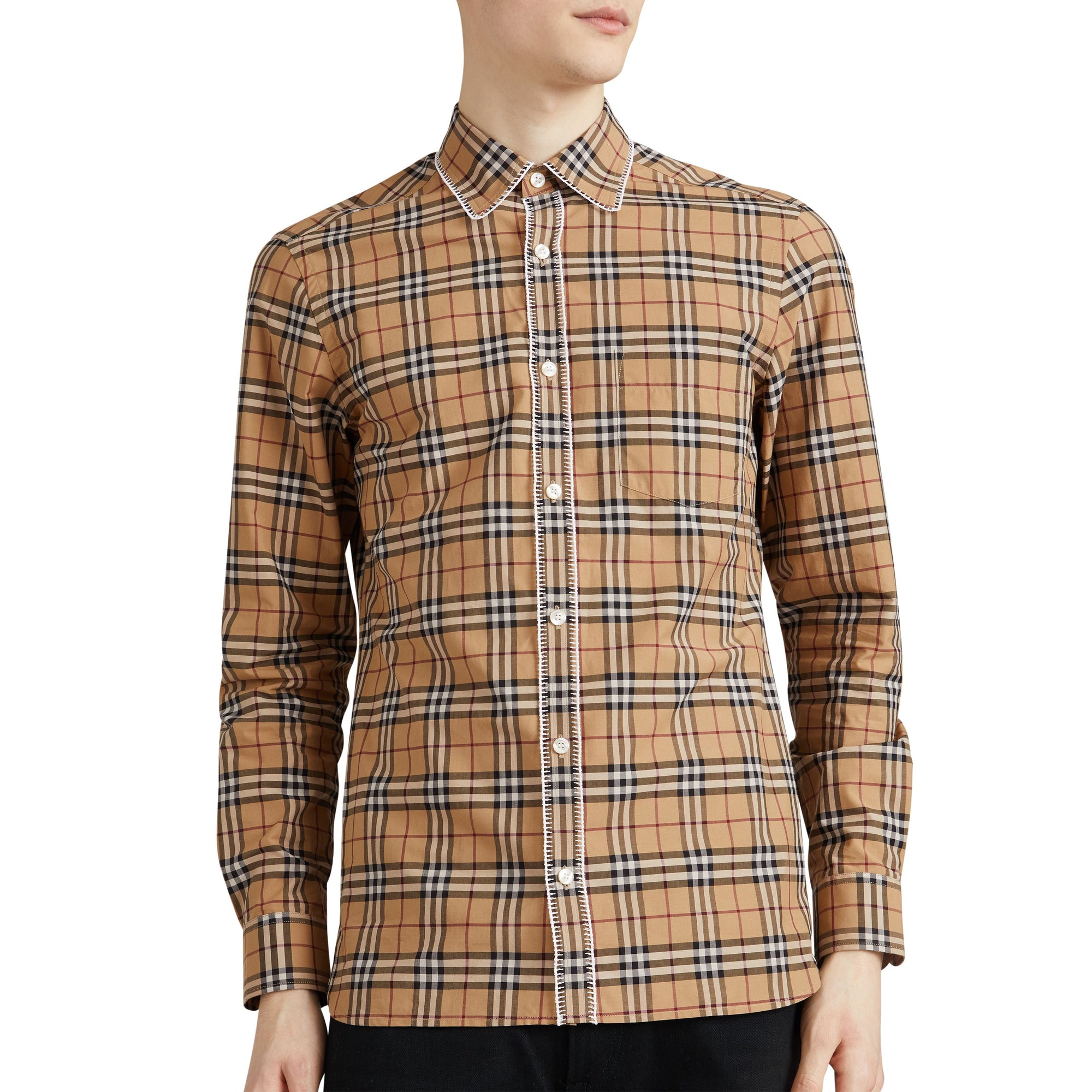 Chemise en coton à motif check brodé - Camel