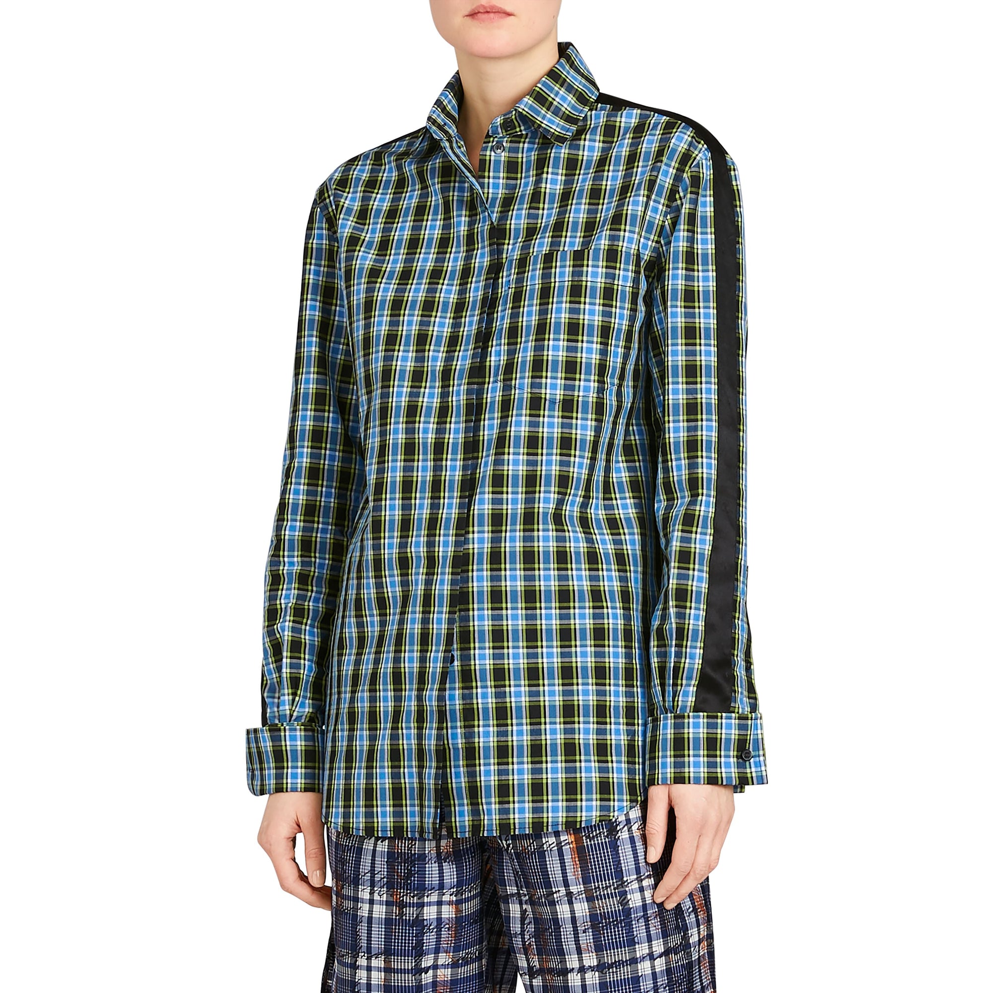 Chemise en coton et soie à motif check avec bande - Azure Blue