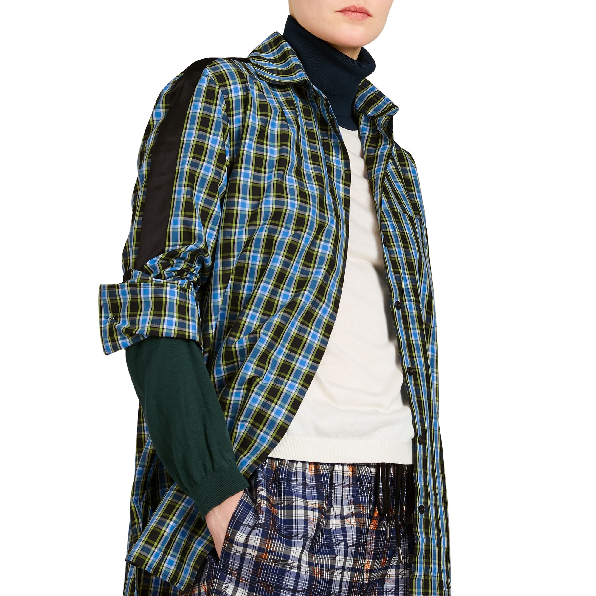 Chemise en coton et soie à motif check avec bande - Azure Blue
