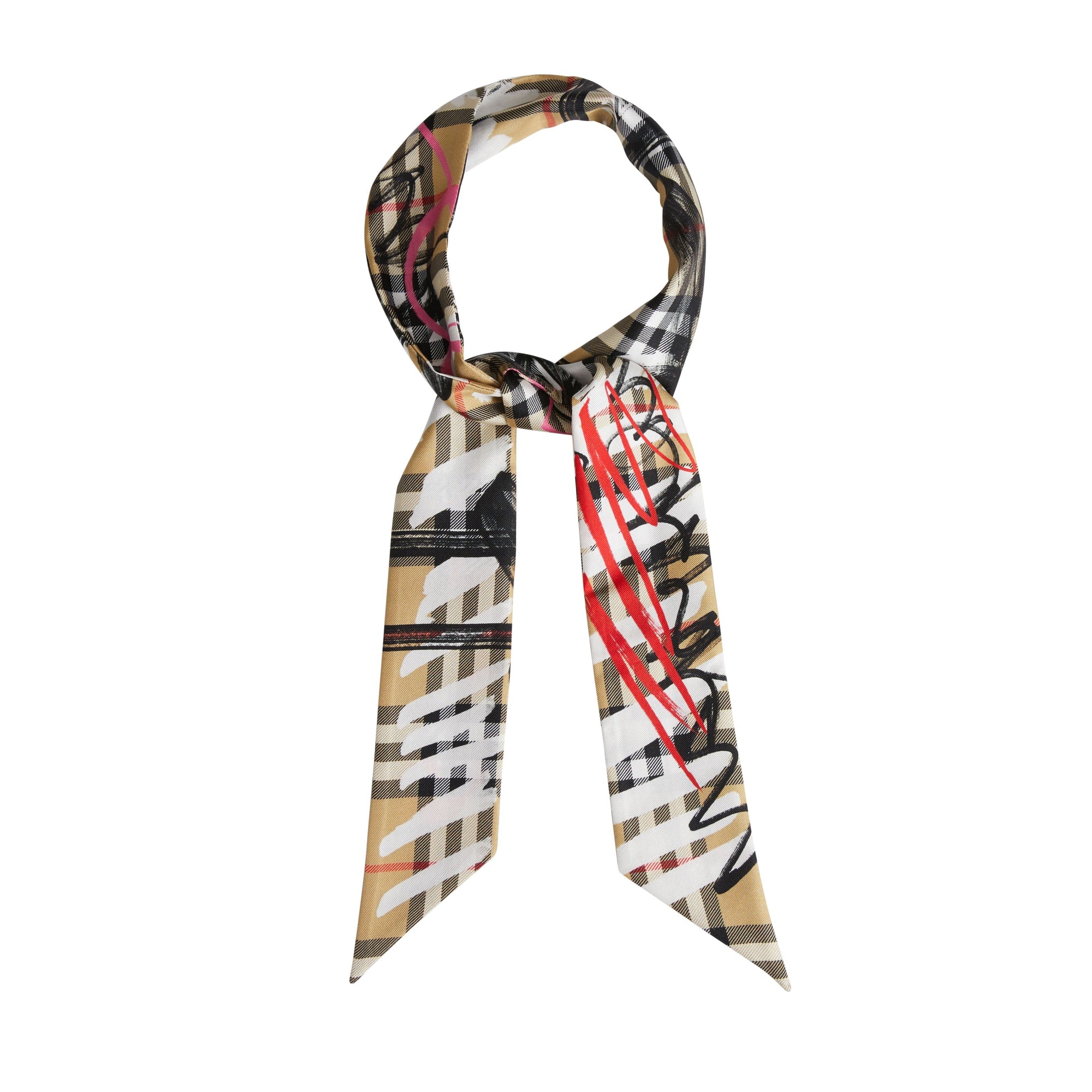 Écharpe ultrafine en soie à motif check griffonné - Pale Antique Yellow