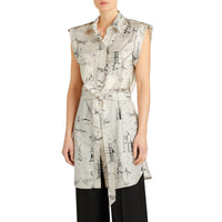 Robe chemise en soie à imprimé monument - Off White & Black