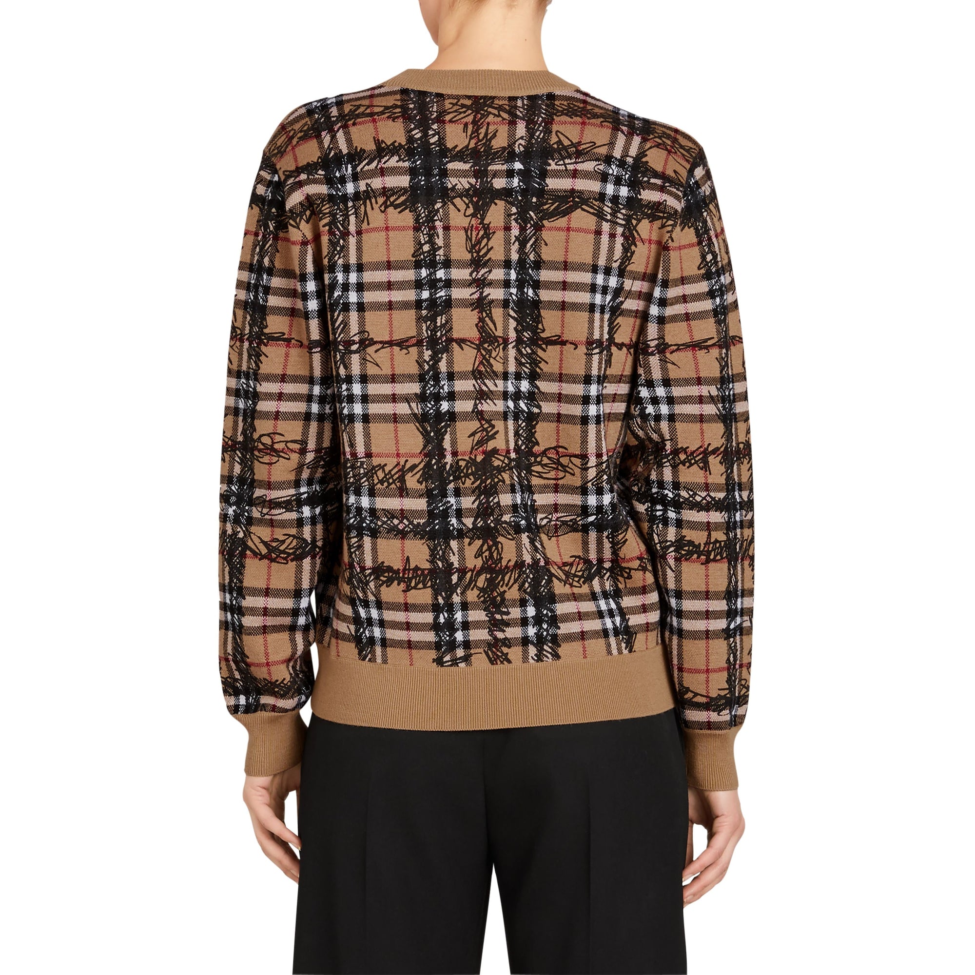 Pull en laine mérinos à motif check griffonné - Camel & Black