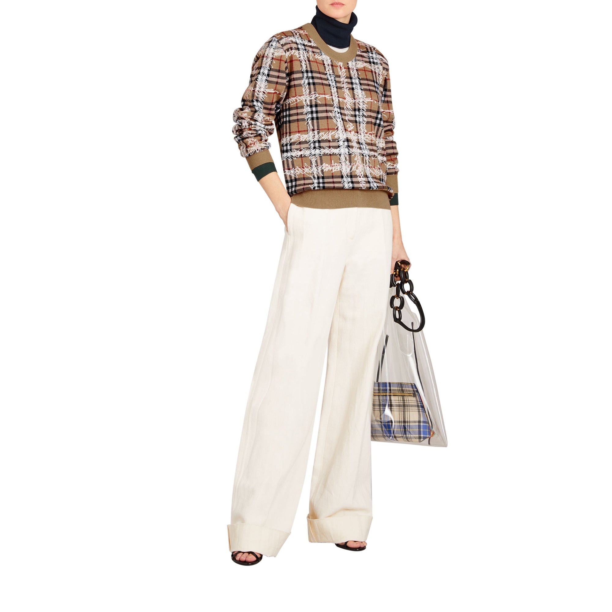 Pull en laine mérinos à motif check griffonné - Camel & White