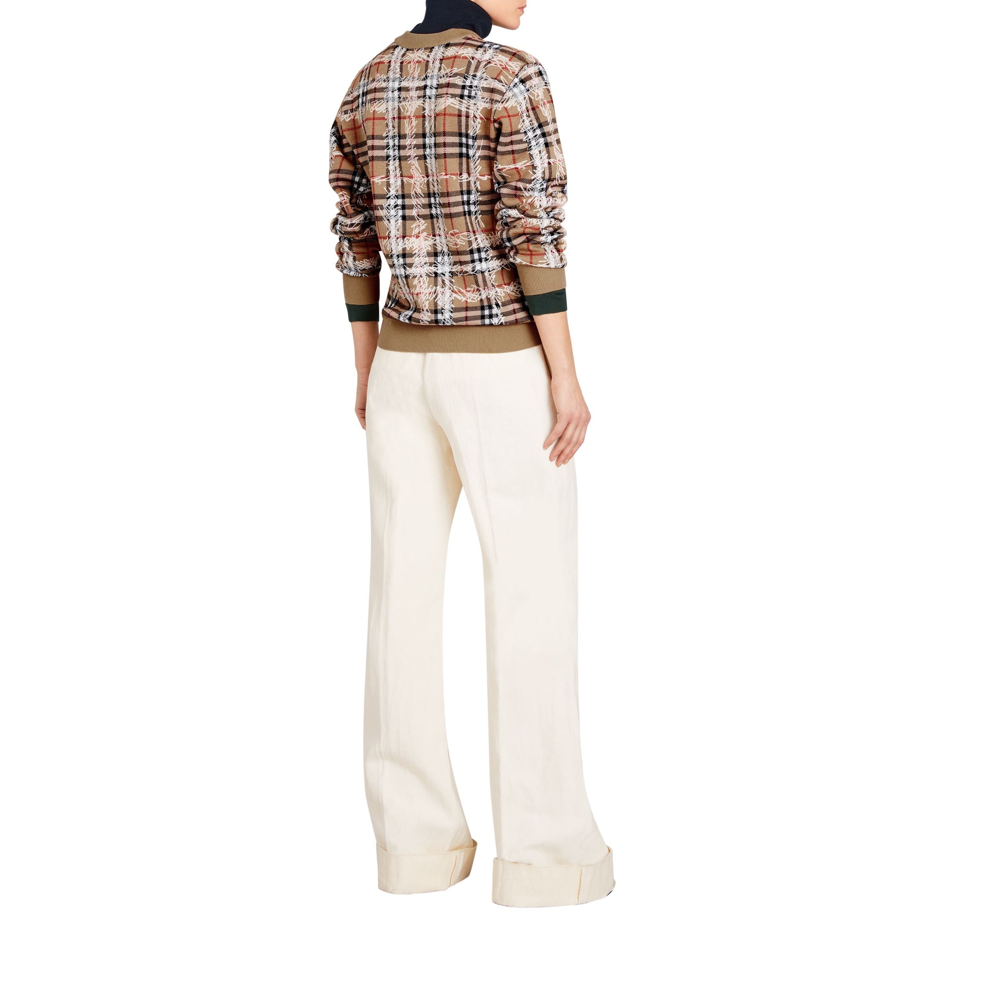 Pull en laine mérinos à motif check griffonné - Camel & White