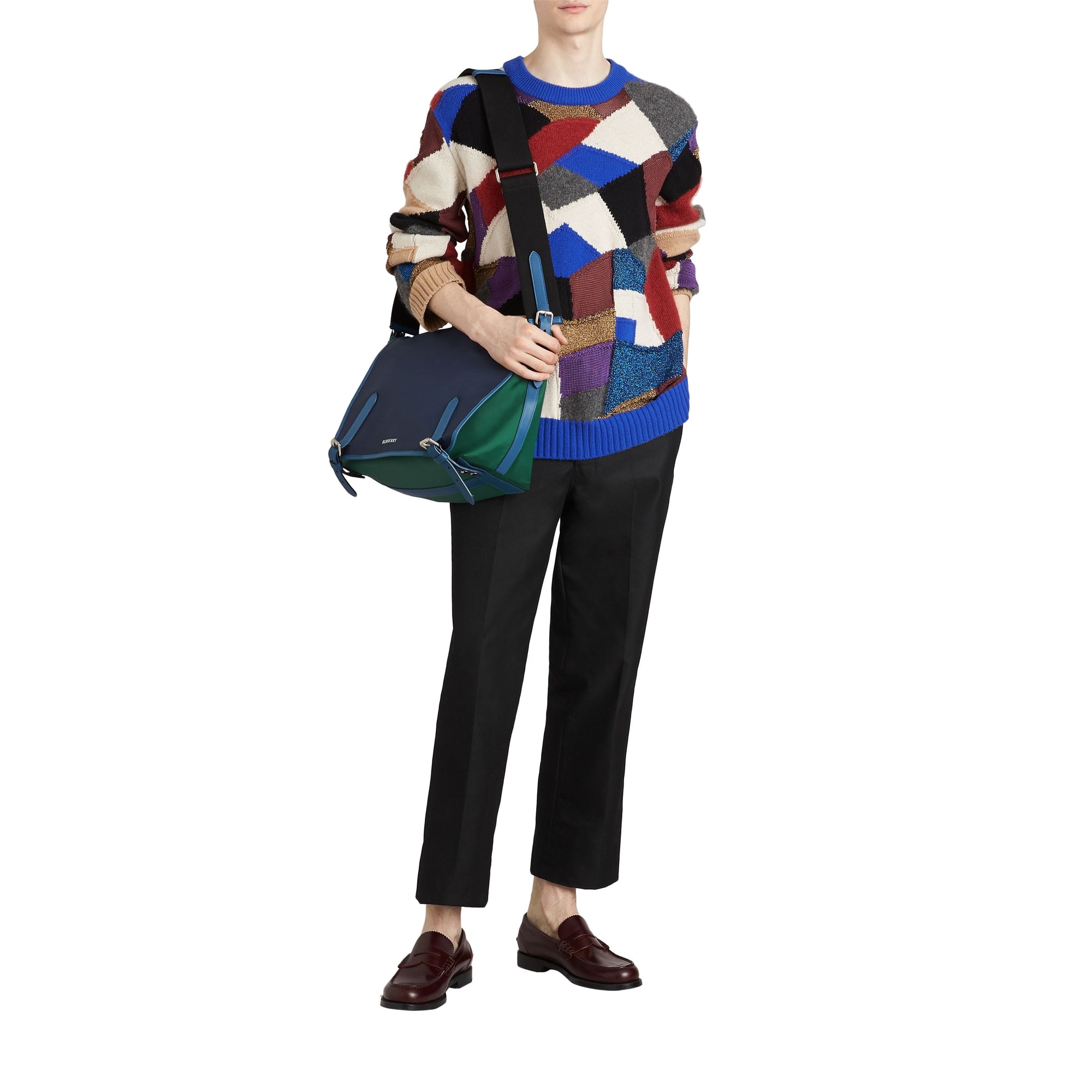 Grand sac Messenger en nylon et cuir tricolore - Black