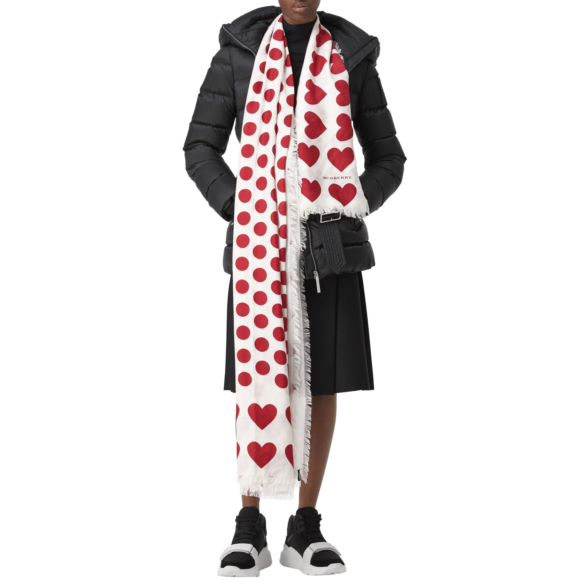 Écharpe en laine et soie mélangées à pois et cœurs en jacquard - Windsor Red