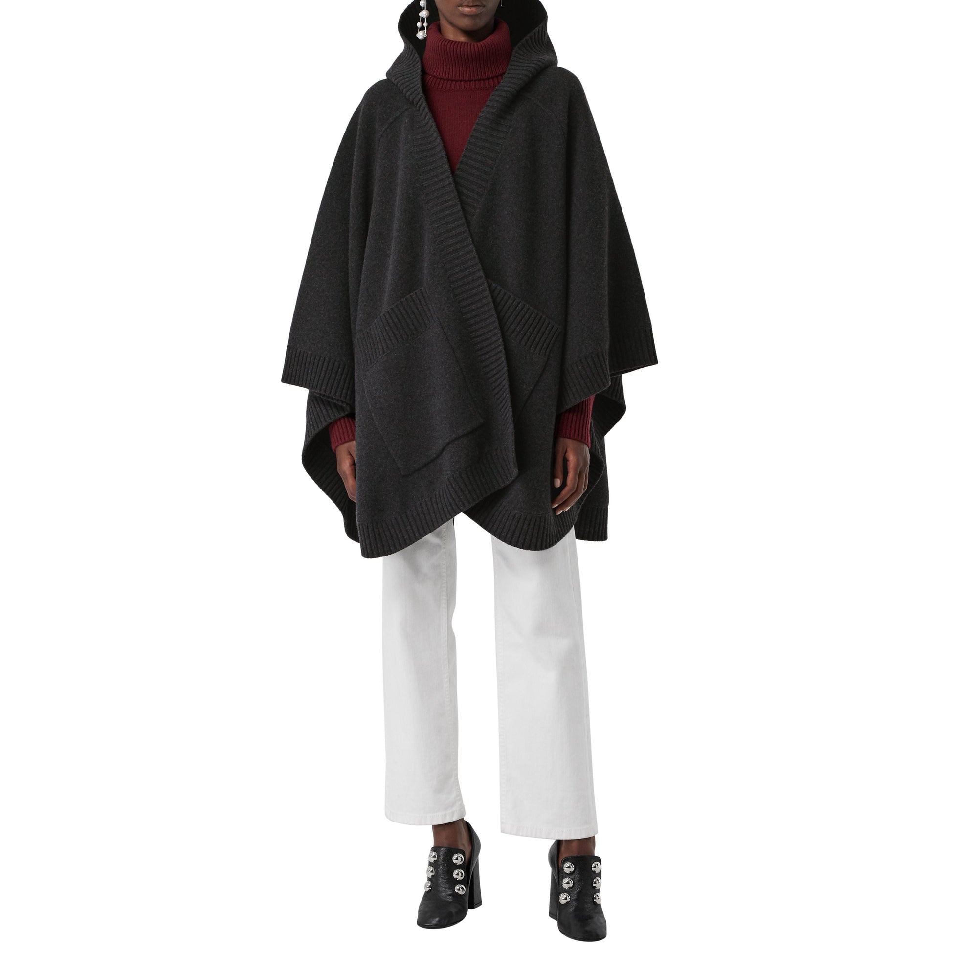 Cape à capuche en laine mélangée avec écusson en jacquard - Charcoal