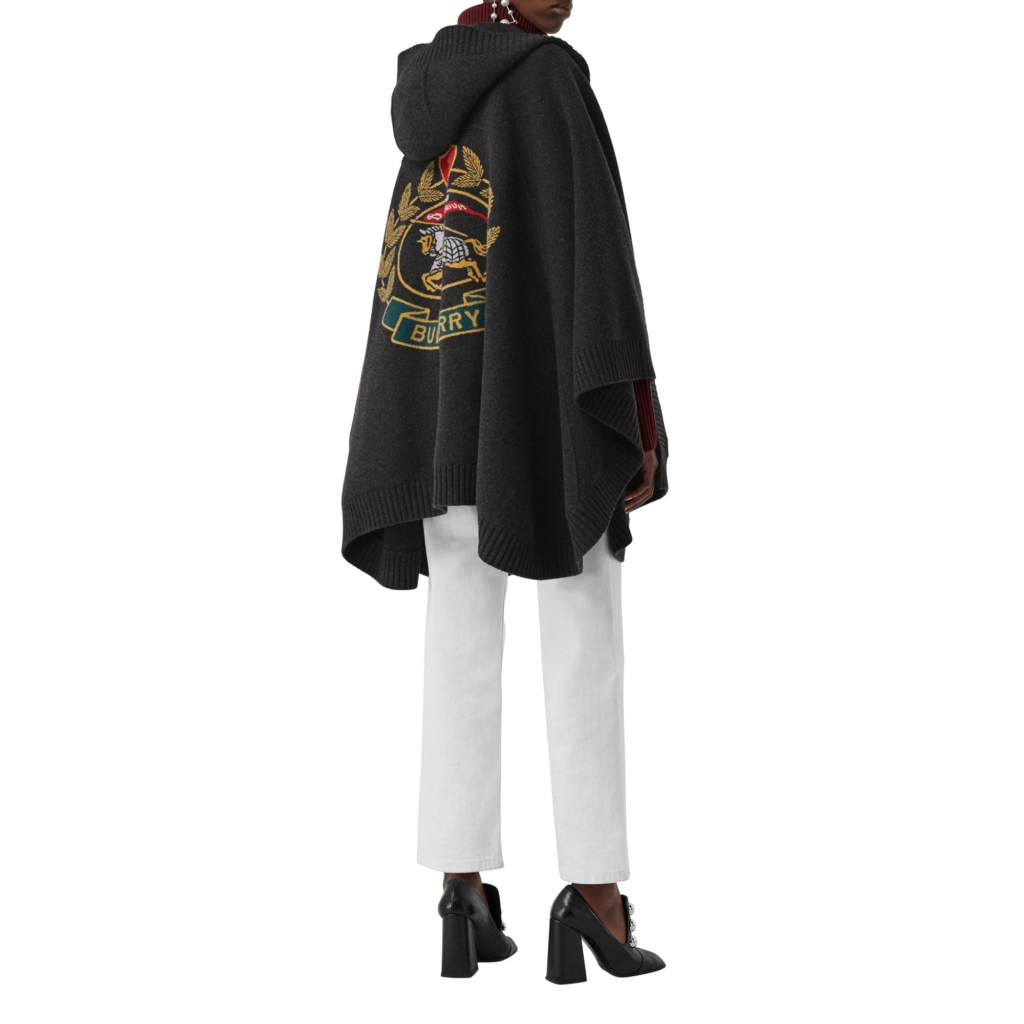 Cape à capuche en laine mélangée avec écusson en jacquard - Charcoal
