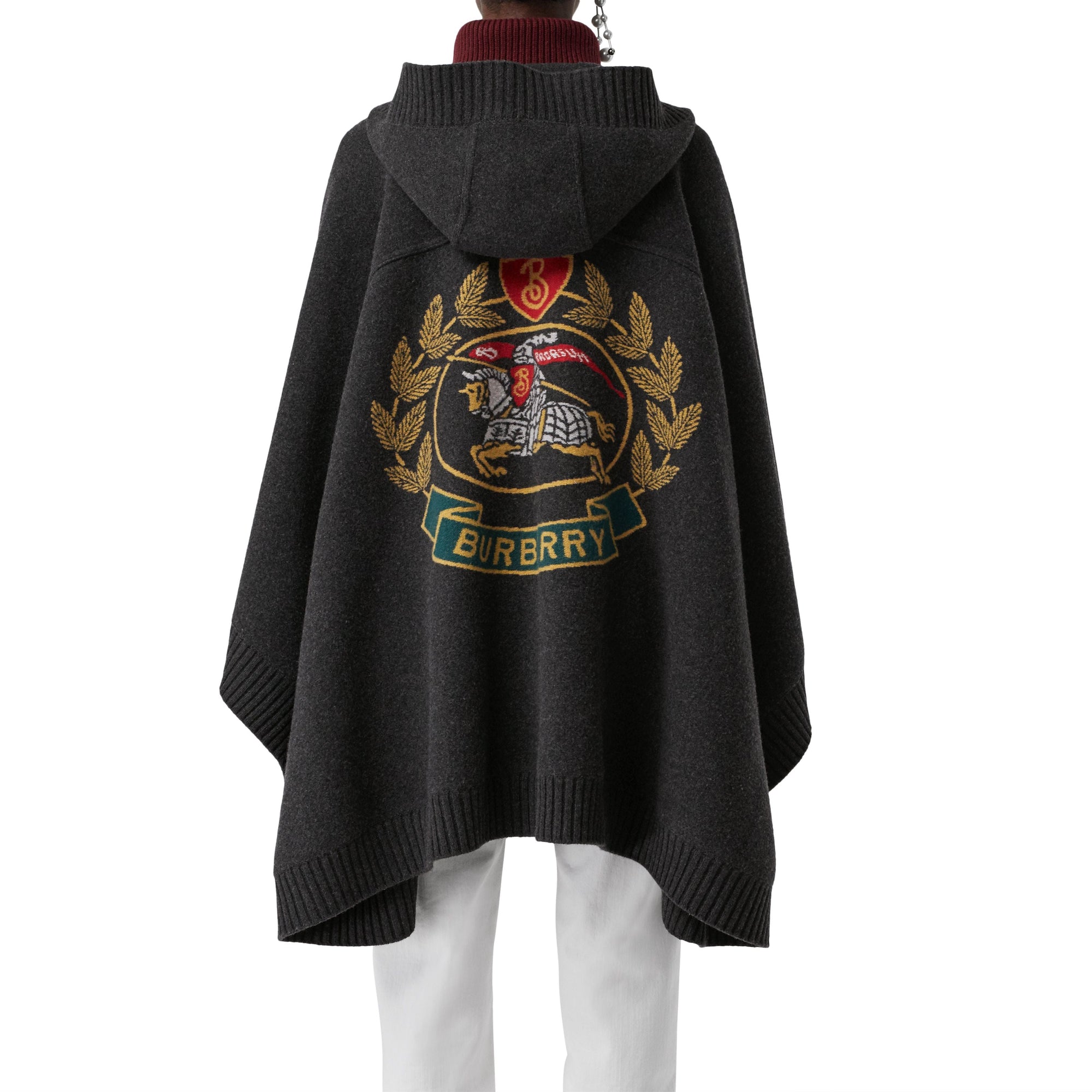 Cape à capuche en laine mélangée avec écusson en jacquard - Charcoal