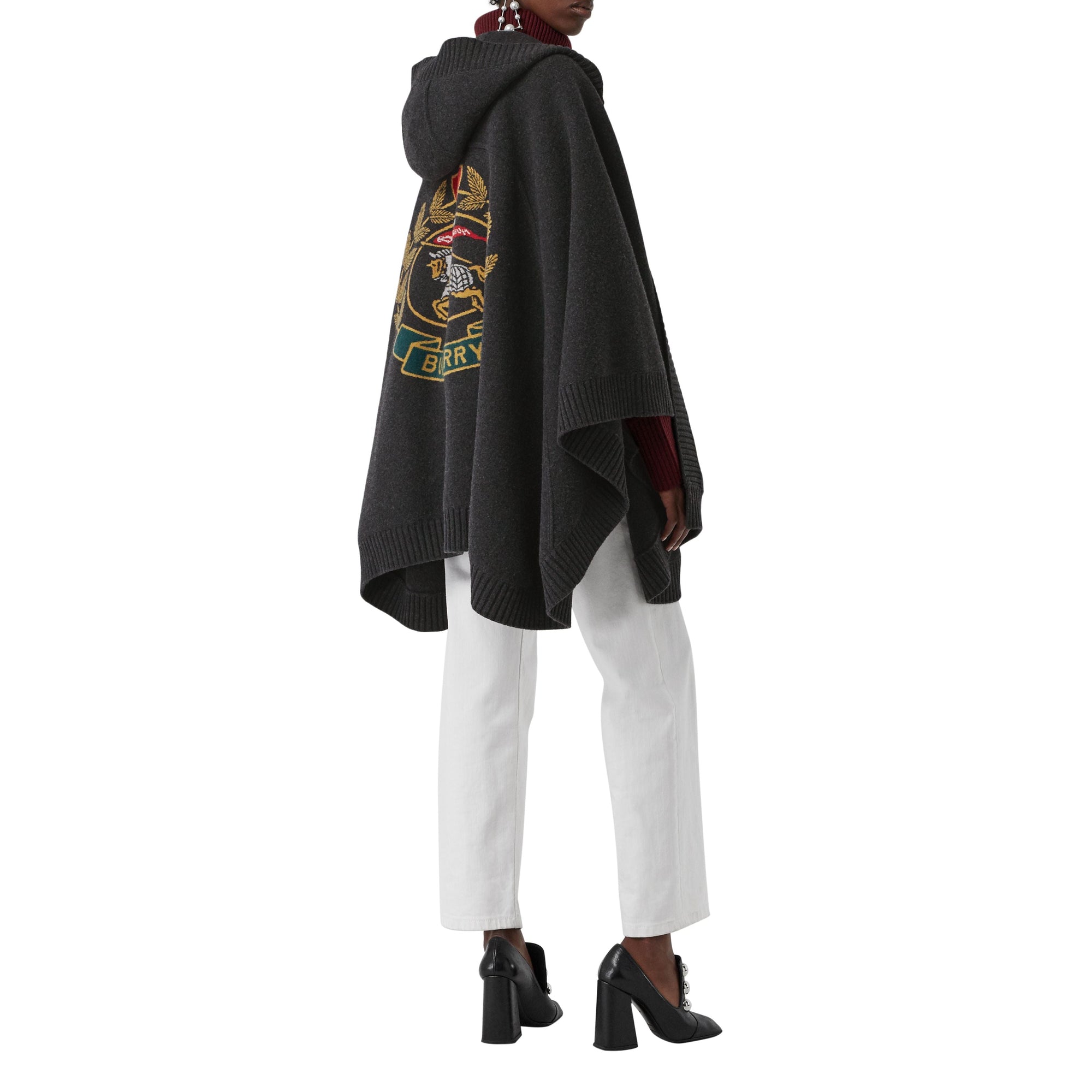 Cape à capuche en laine mélangée avec écusson en jacquard - Charcoal