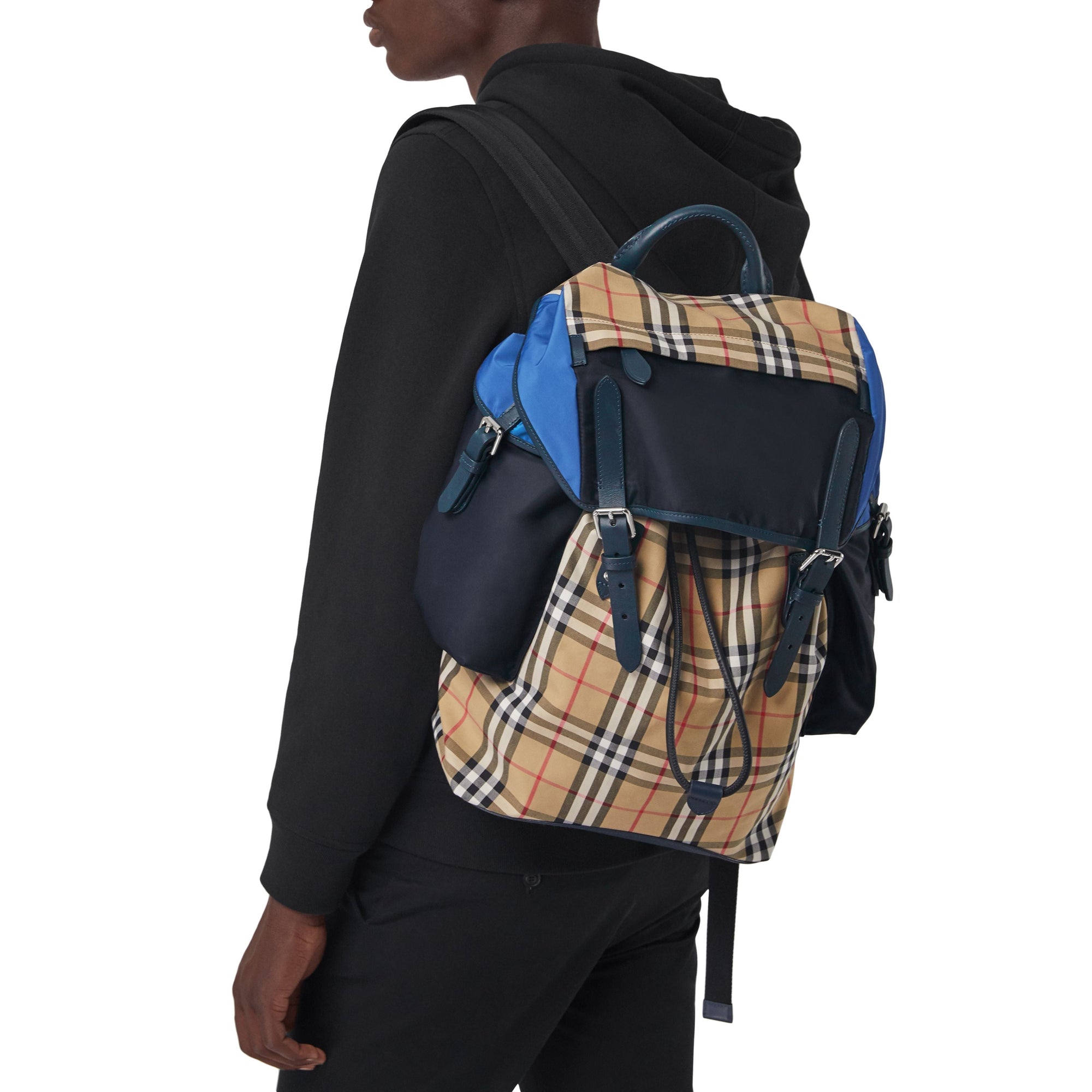 Sac à dos en cuir à motif Vintage check color-block - Navy