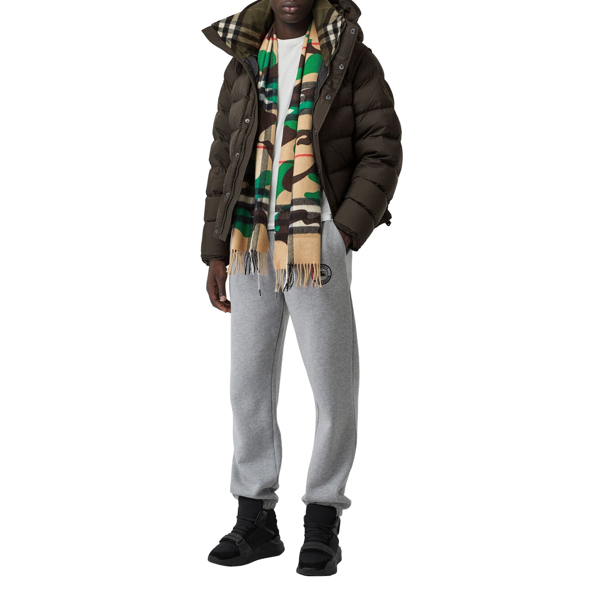 Écharpe en cachemire à motif check et camouflage classique - Khaki