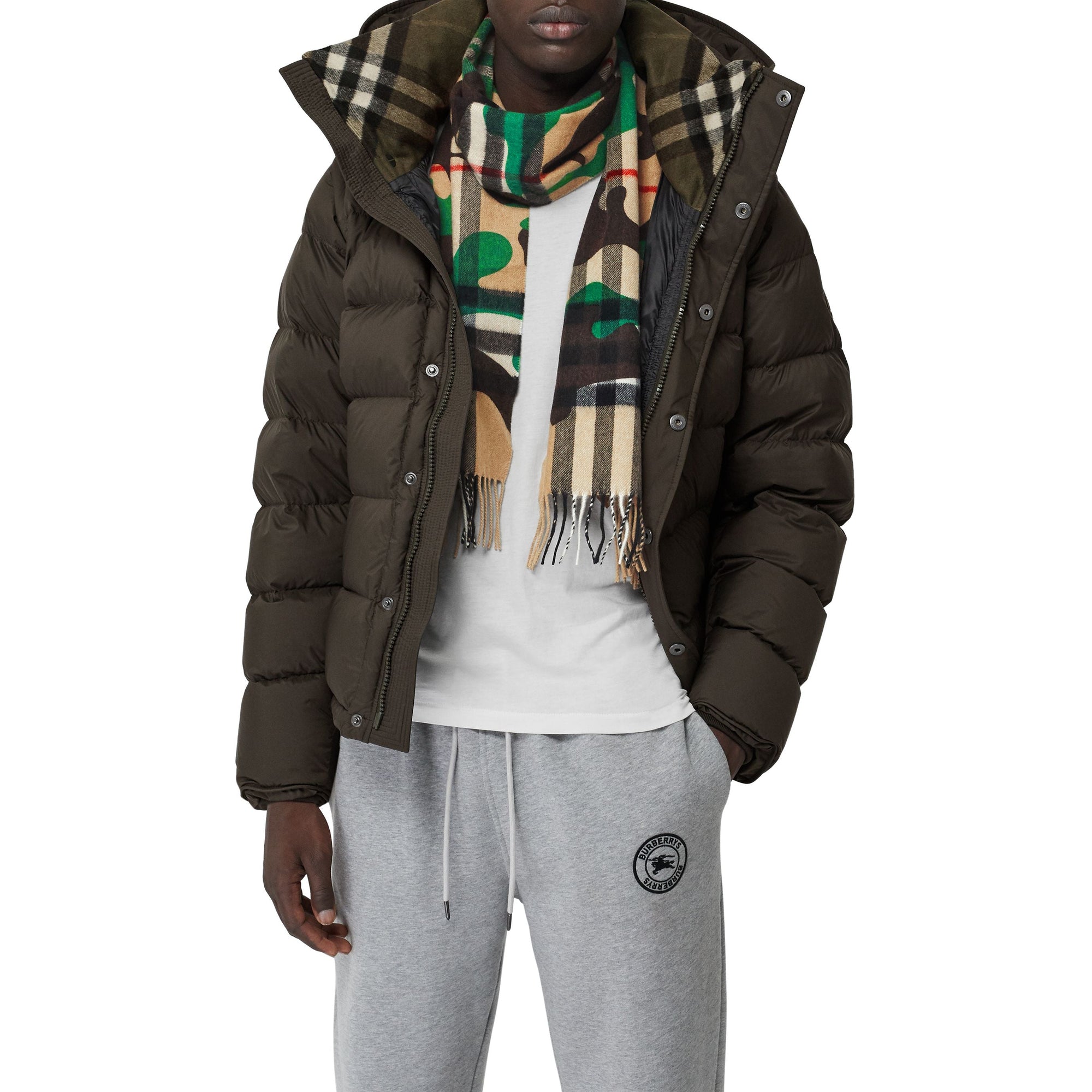 Écharpe en cachemire à motif check et camouflage classique - Khaki