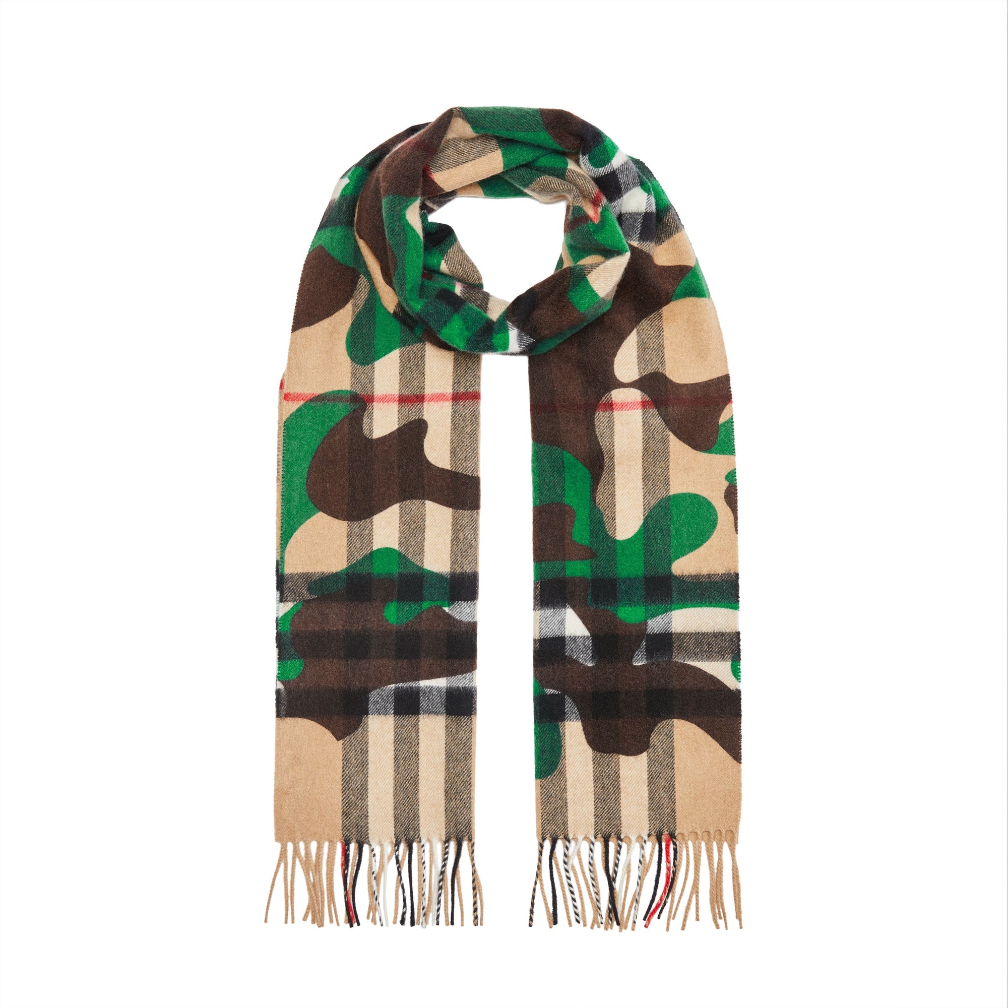Écharpe en cachemire à motif check et camouflage classique - Khaki