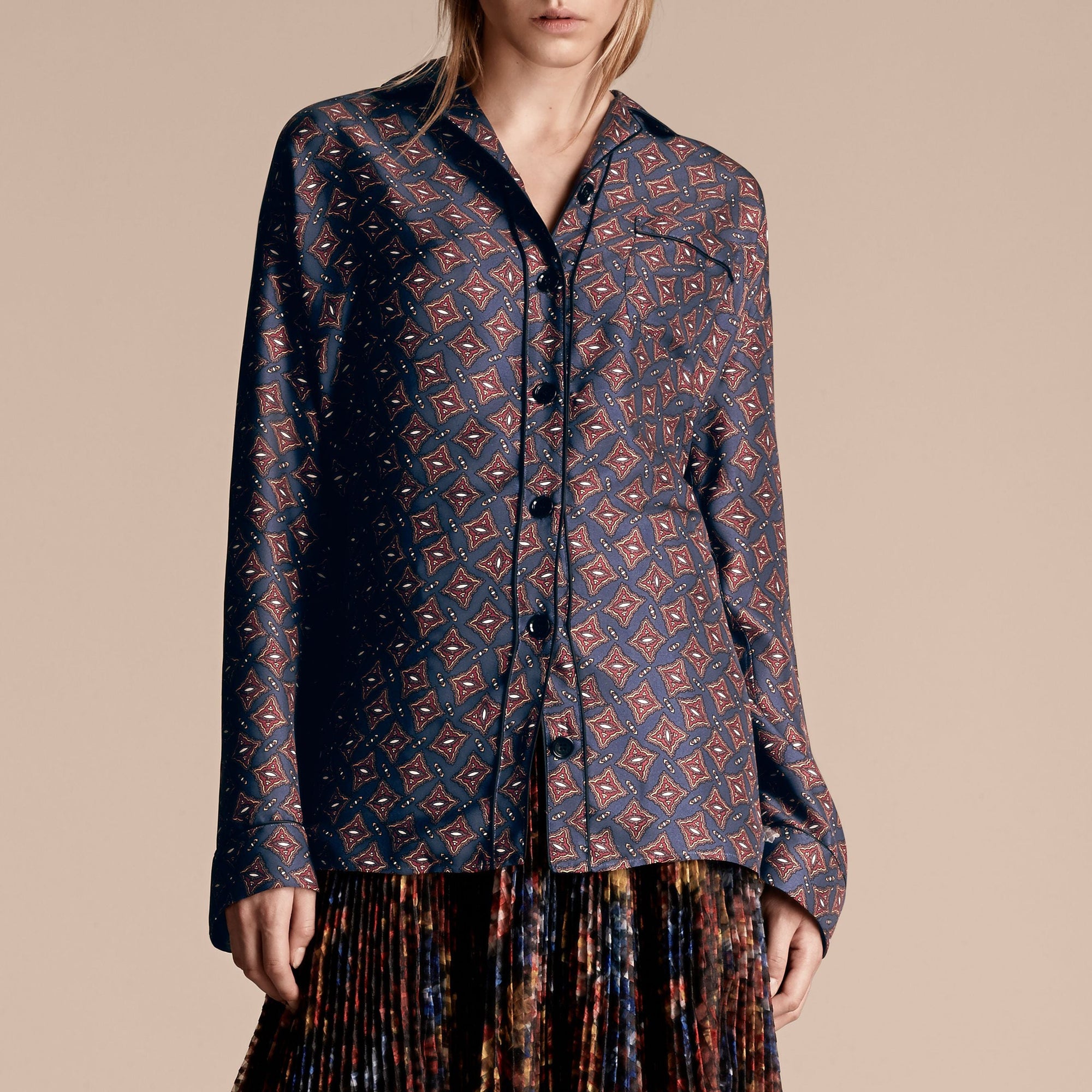Chemise imprimé géométrique style pyjama en soie - Navy