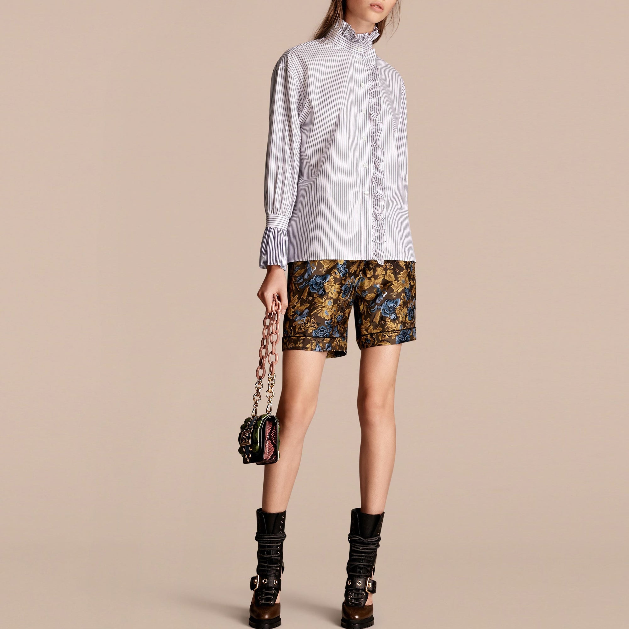 Chemise en coton à rayures fines avec volants - Navy
