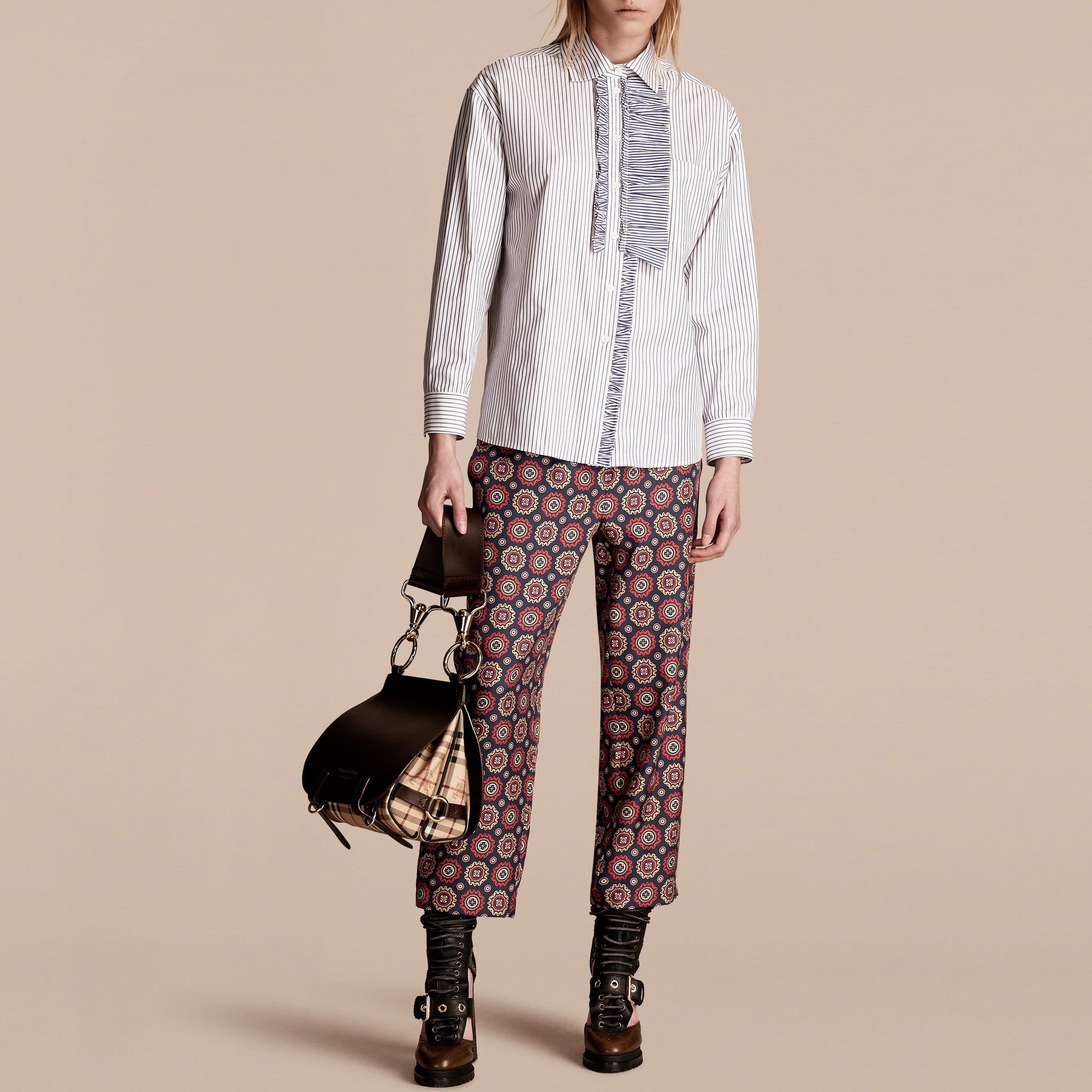 Pantalon 7/8 en sergé de soie avec imprimé pyjama - Navy