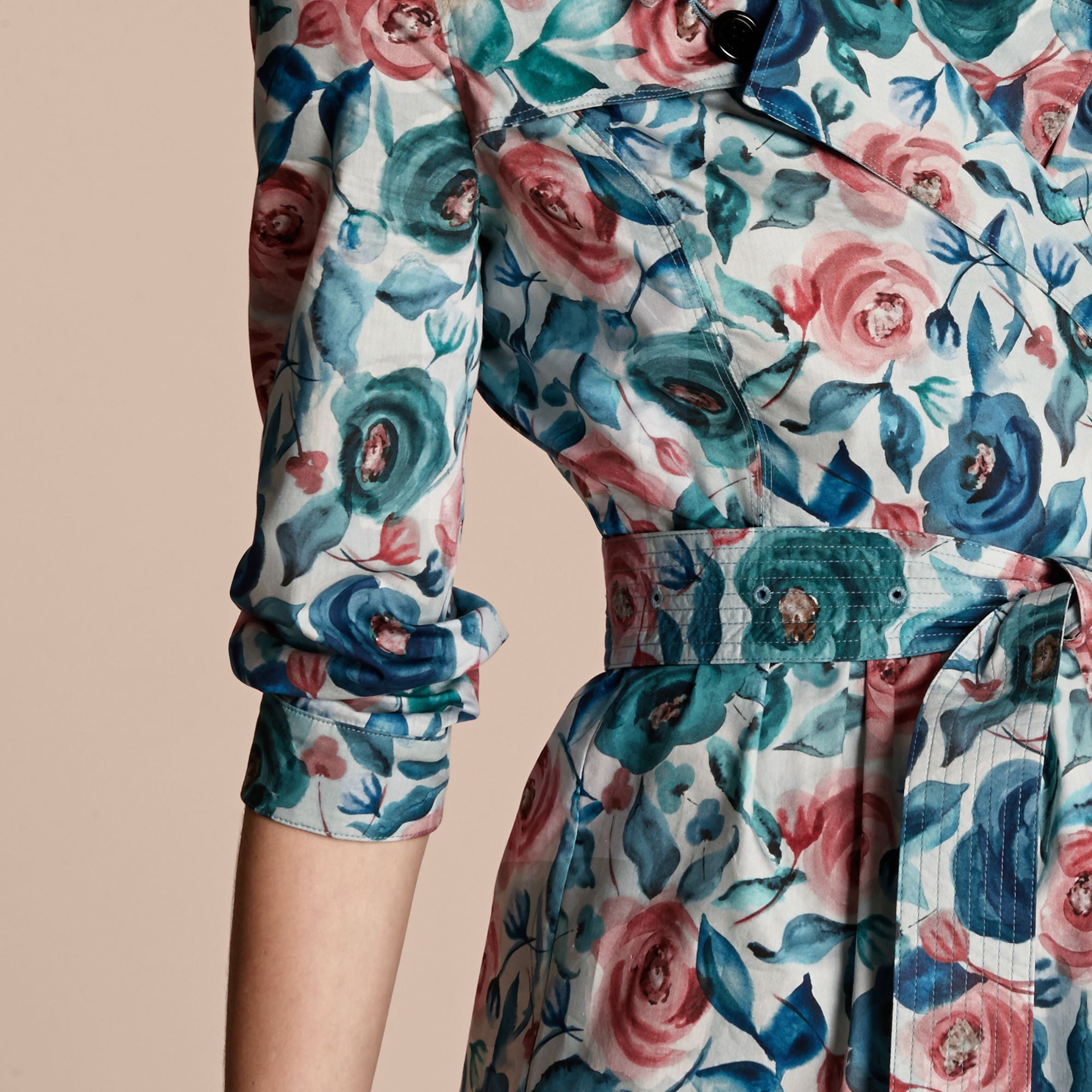 Robe trench en soie et coton avec imprimé aquarelle rose - Teal Blue