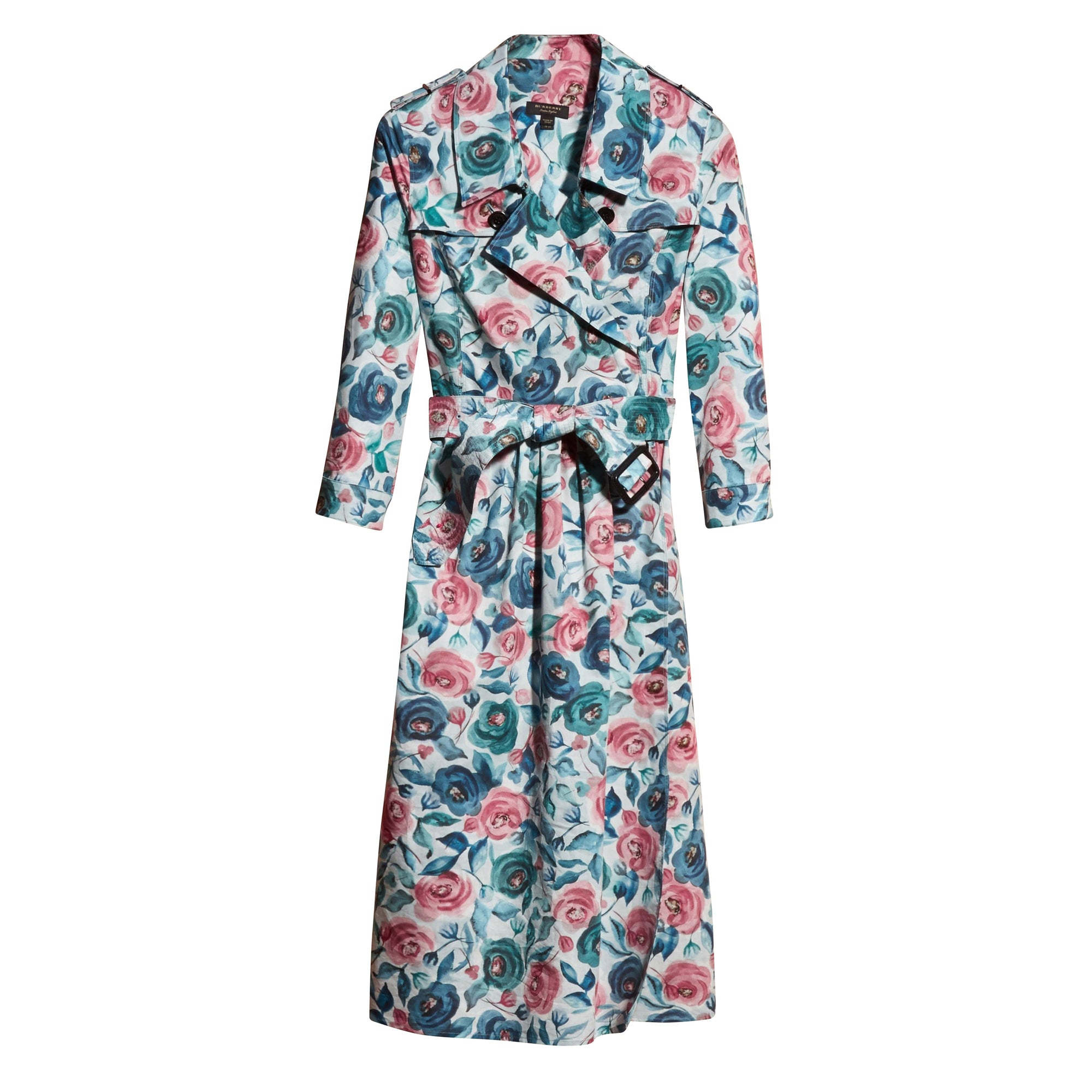 Robe trench en soie et coton avec imprimé aquarelle rose - Teal Blue