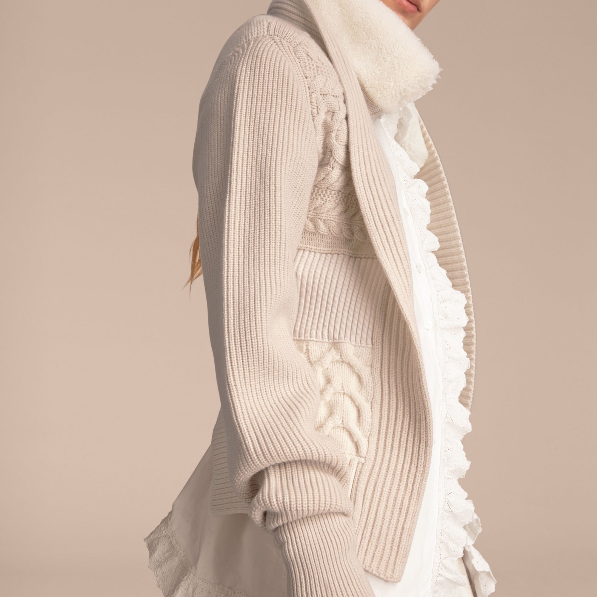 Veste en maille de laine et cachemire avec col en shearling - Natural White