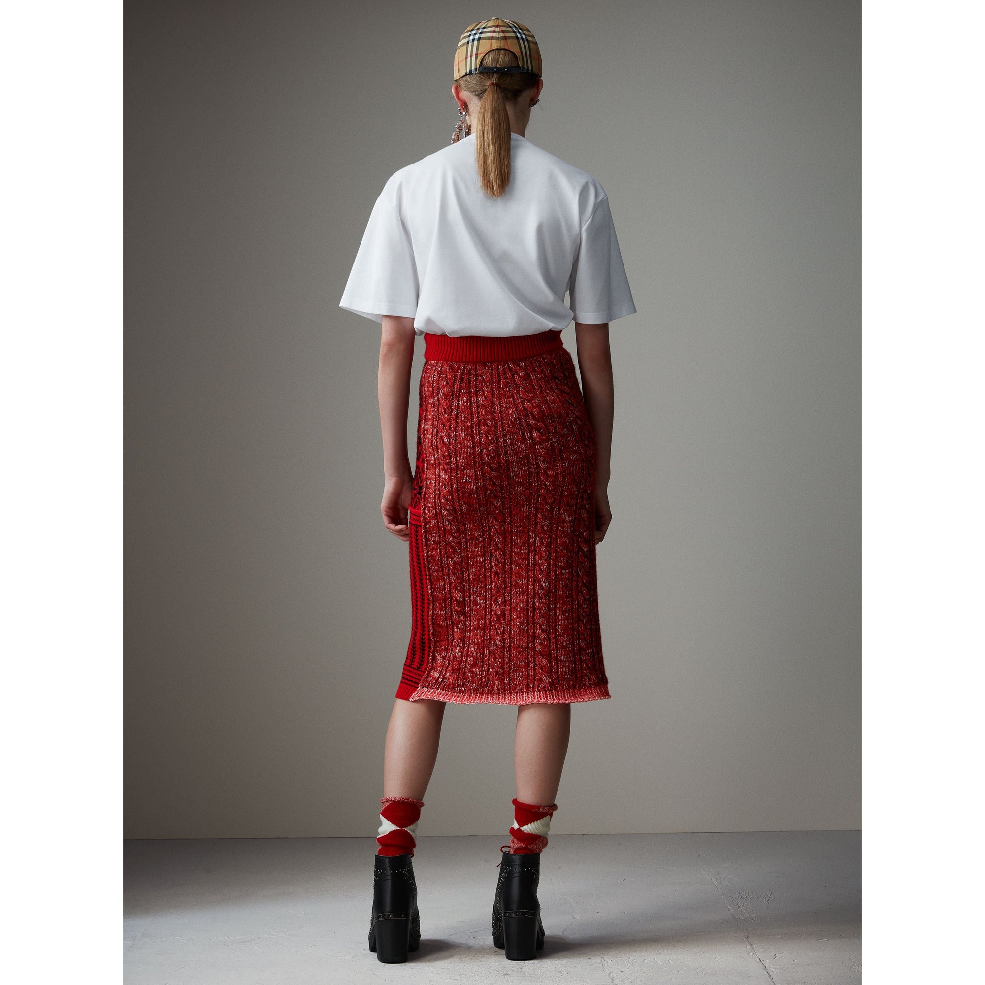Jupe torsadée en cachemire & laine motif géométrique - Red & Black